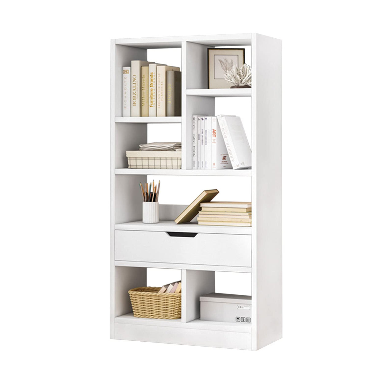 IOTXY Wooden Open Shelf Bookcase - 51 Inches Height Freestanding Display Storage Cabinet Organizer with 7 Cubes and a Drawer, Floor Standing Bookshelf in Warm White