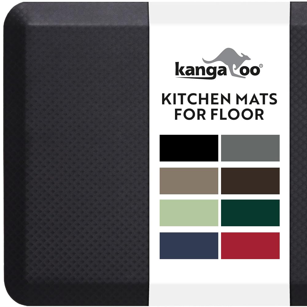 KANGAROO Thick Ergonomic Anti Fatigue Mats for Kitchen Floor, Cushioned Standing Office Desk Mat, Waterproof Scratch Resistant Topside, Supportive All Day Comfort Padded Foam Rugs, 17x24, Black
