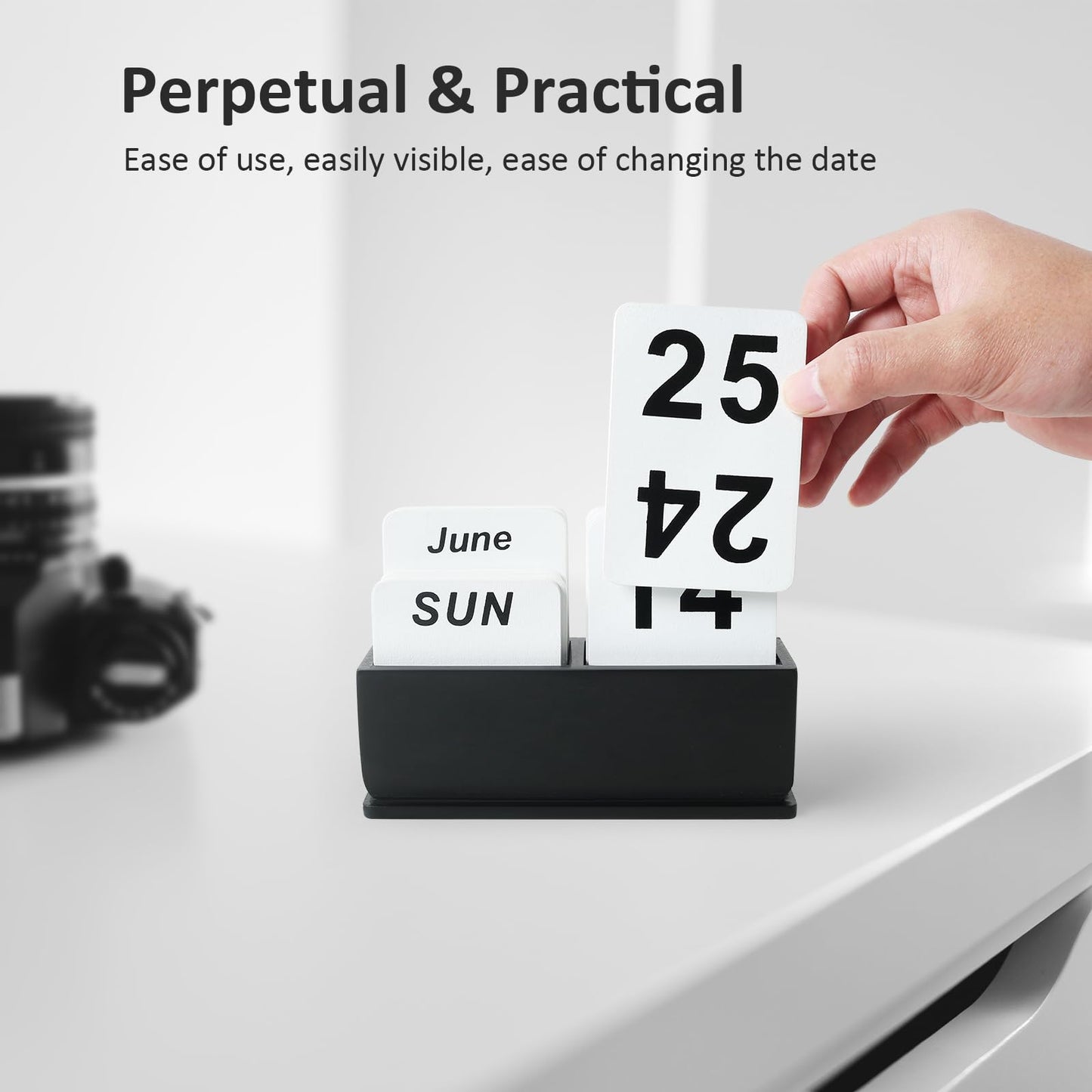 DEERINE Wooden Block Perpetual Calendar for Desk, Daily Desktop Standing Flip Calendar with Large Display, Modern Farmhouse Aesthetic Desk Accessories for Home Office Decor, Reusable Yearly, Black
