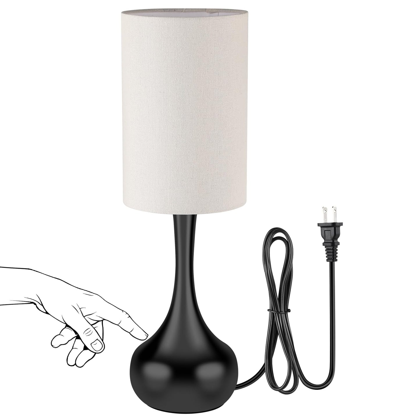 LEDIKON Mid Century Modern Droplet Table Lamp,Touch Control & 3-Way Dimmable,No Assembly Required Cylinder Shade,Black Vintage Farmhouse Bedside Lamp for Bedroom,Nightstand,Living Room,Office