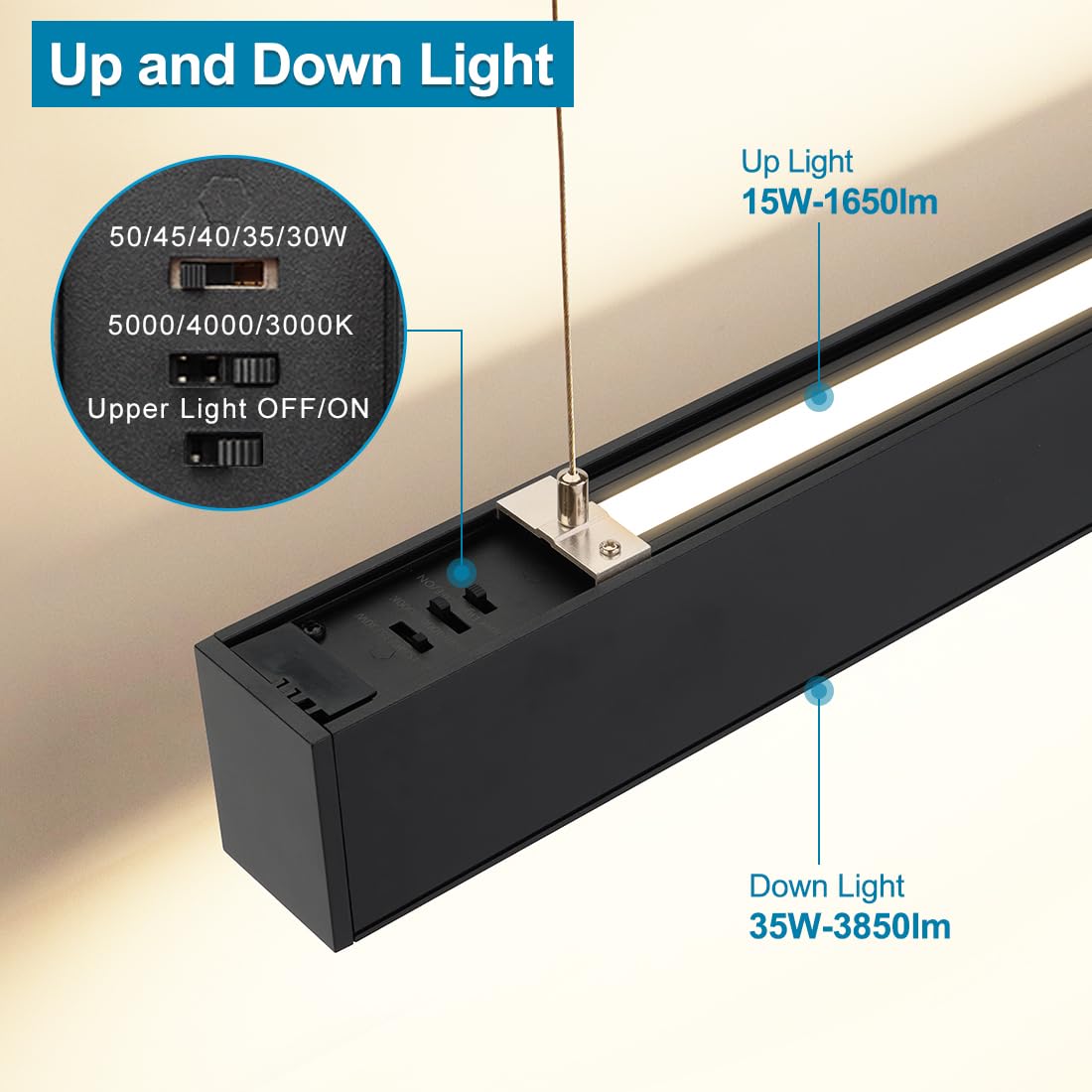 4FT Linkable LED Linear Light, 50/45/40/35/30W Adjustable, 3000K/4000K/5000K Selectable Linear Lighting Fixture, 0-10V Dimmable Architectural Hanging Office Shop Light for Gym Retails, ETL 6Pack