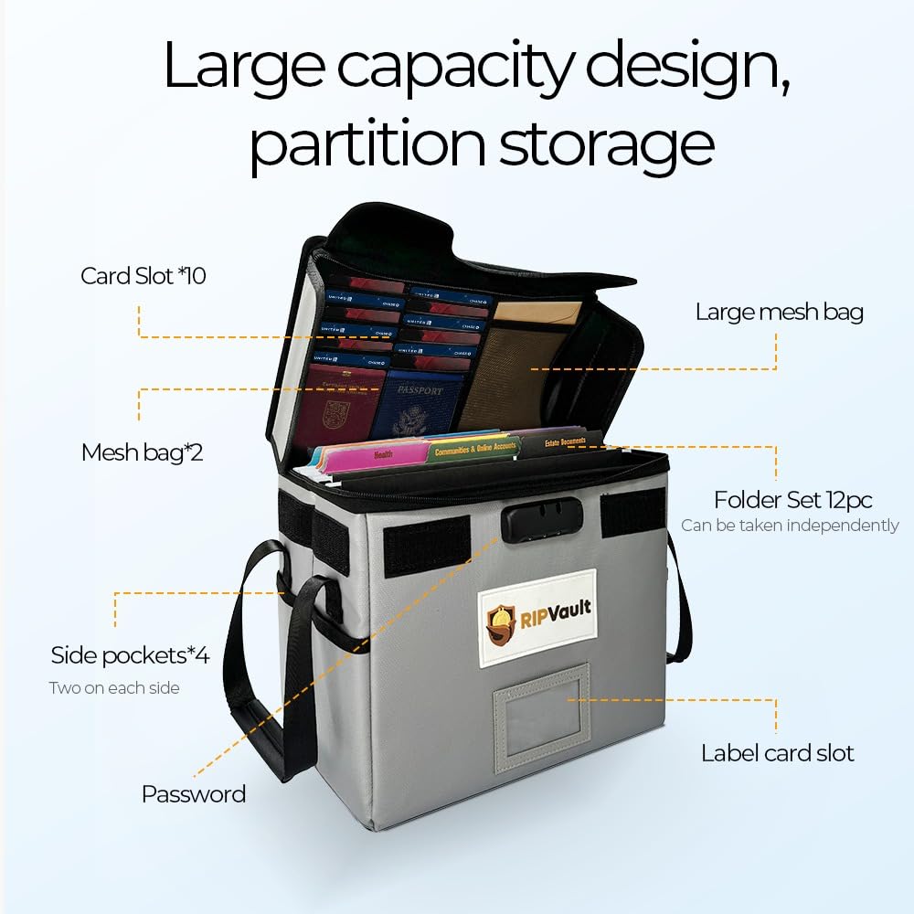 RIP VAULT End of Life Organization System - Fireproof Storage Box for Important Documents - Estate Planning Tool with Pre-labeled File Organizer Folders | All-in-one Solution - Rated Up to 1200°F