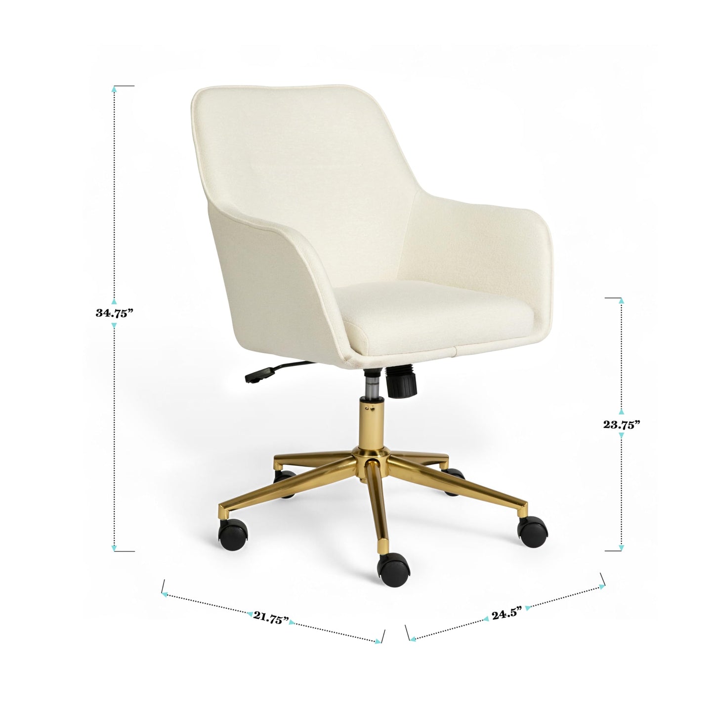 Martha Stewart Rayna Swivel Task Chair with Flared Arms for Home Office in Off White Fabric with Polished Brass Frame