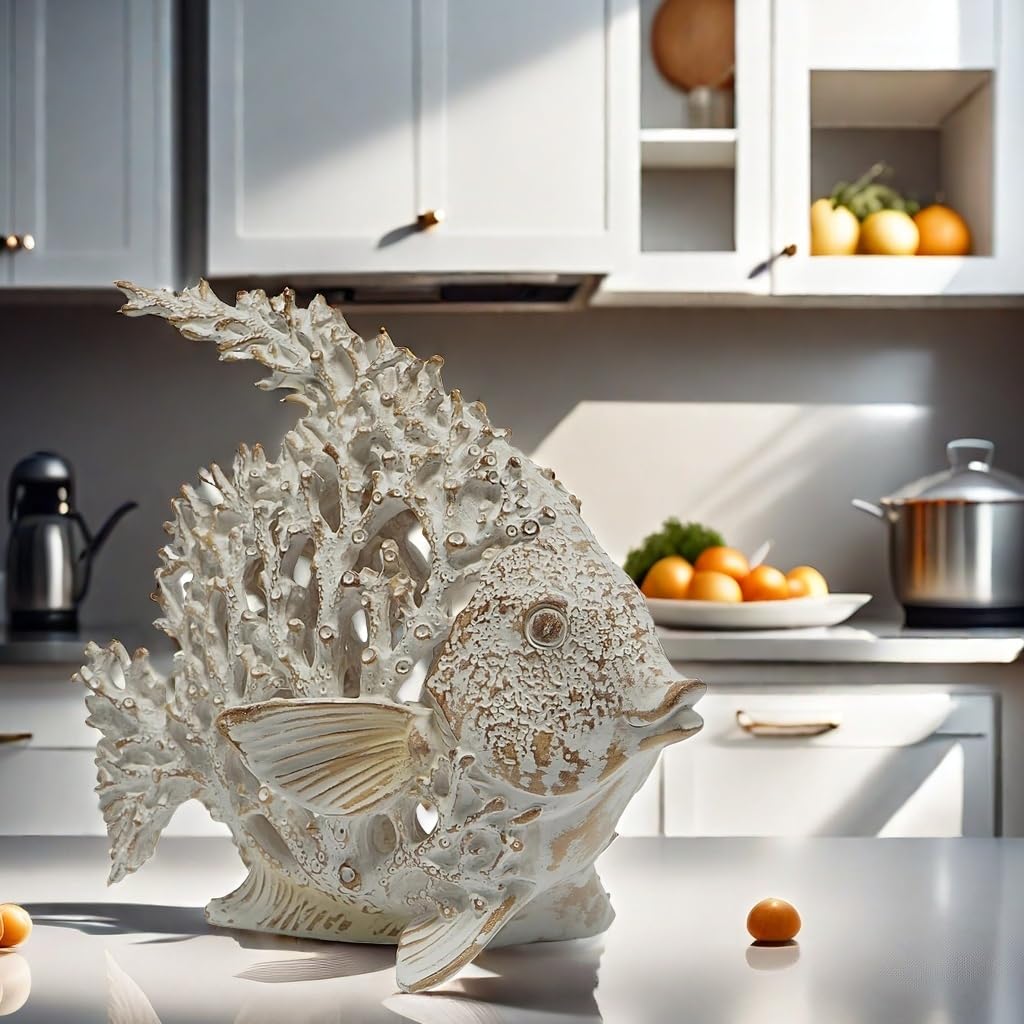 VVGIFTS Beach Coastal Decor Coral Reef Angelfish Home Office Desk Decor Sculpture Statue for Tabletop Shelf Bathroom Decoration Ornament Gift (White)