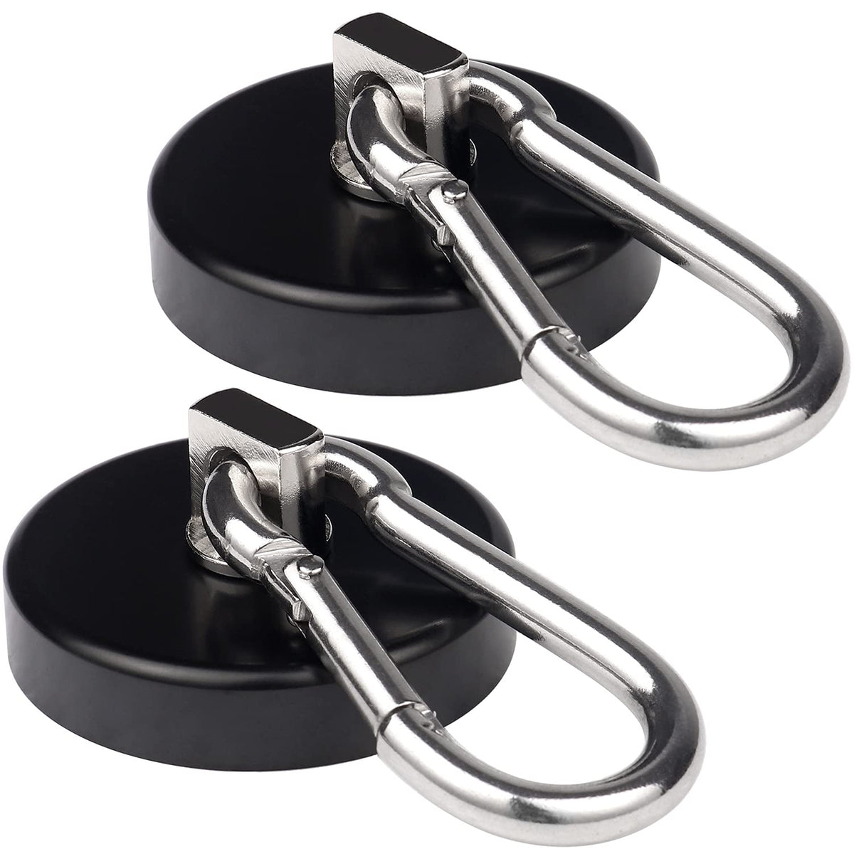 WELLZEER Magnetic Hooks 170lbs Heavy Duty Black Magnet Hooks with Swiveling Carabiner for Hanging Refrigerator Strong Large Neodymium Magnet (170LBS-2PACK-BLACK)