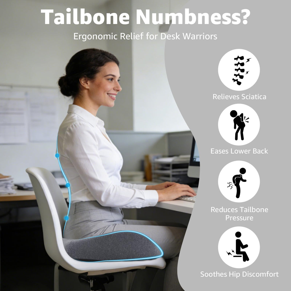 BRO Extra Large Office Chair Cushion for Sciatica Pain Relief: Memory Foam Seat Cushion for Tailbone Pain Relief Support for Long Sitting - 2 × Removable Covers with Handle - Car/Office/Home Use