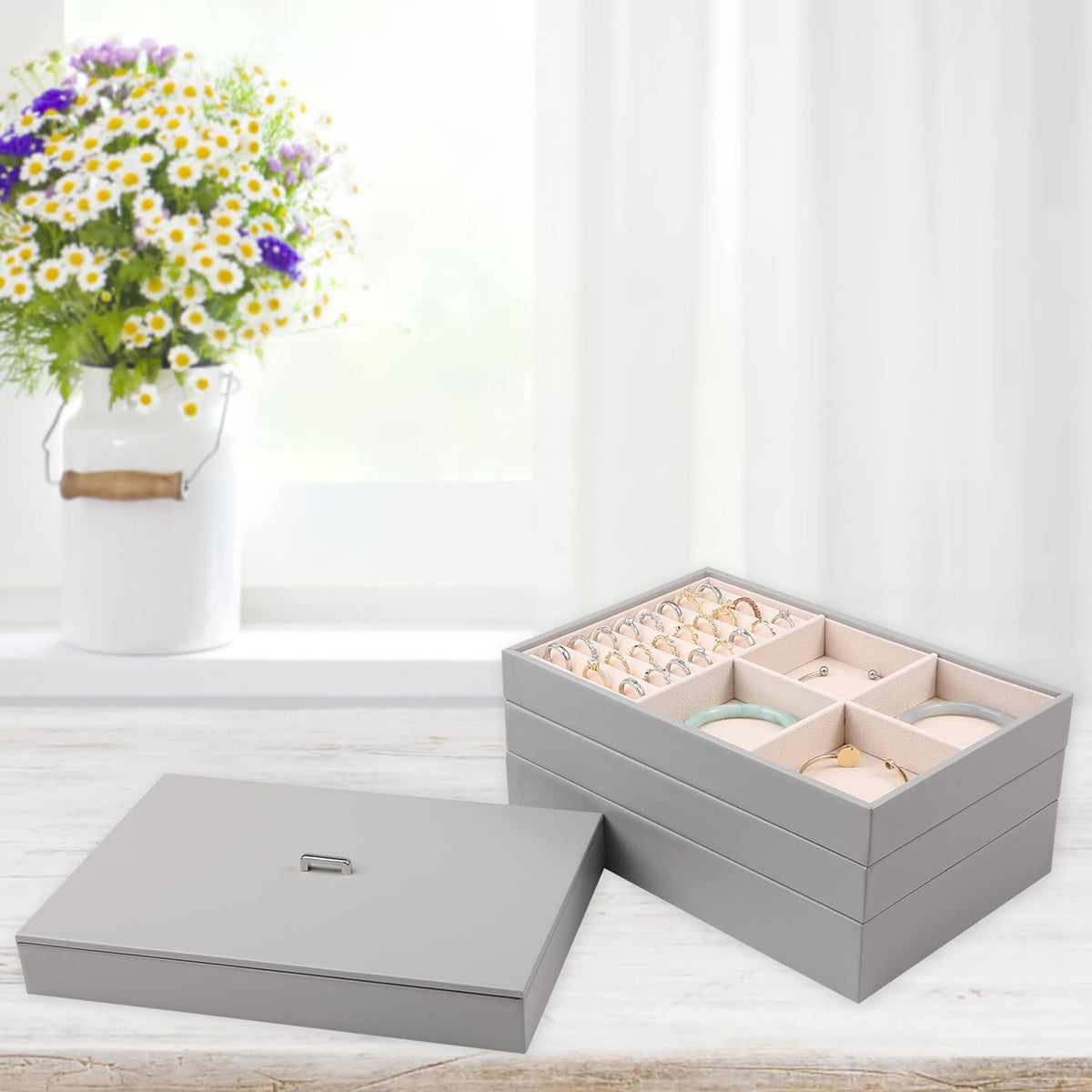 Voova Stackable Jewelry Organizer Tray with Lid, PU Leather Jewelry Storage Holder for Drawer Inserts, Jewellery Display Box Case for Earring Necklace Ring Watch Bracelet (Set of 4, Grey)