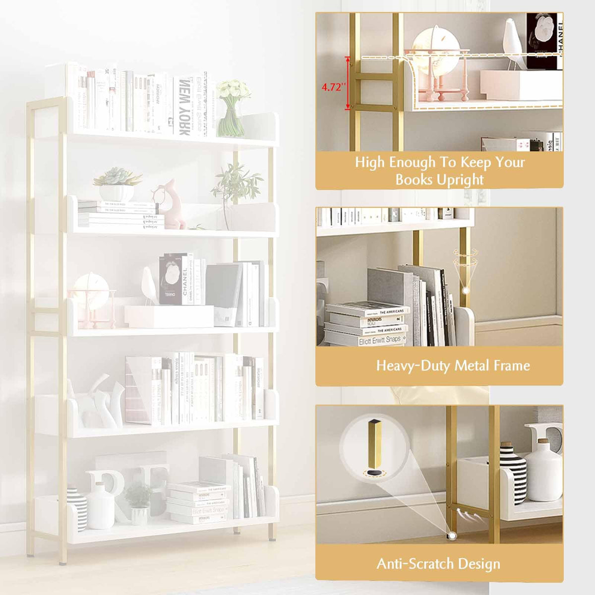 OSCHF Wide Open Shelf Bookcase - Modern 5-Tier Freestanding Display Bookshelf with Three-Side Panels for Home and Office, Storage Shelving in Warm White with Gold Frame