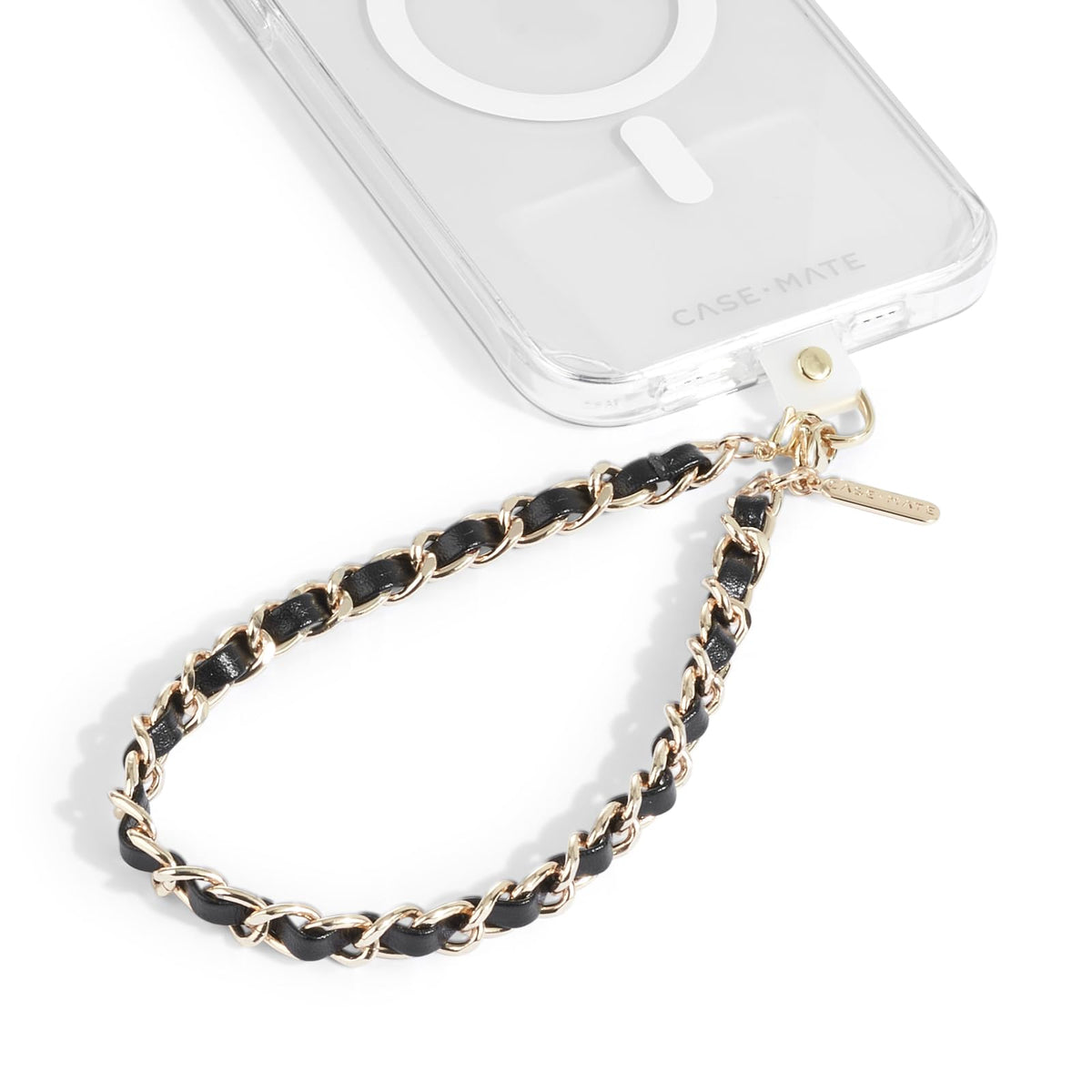 Case-Mate Phone Charm - Detachable Anti Theft Strap - Hands-Free iPhone Wrist Strap for Women - Phone Chain Wristlet - Fits Galaxy, Pixel and More - Gold Chain / Black Leather
