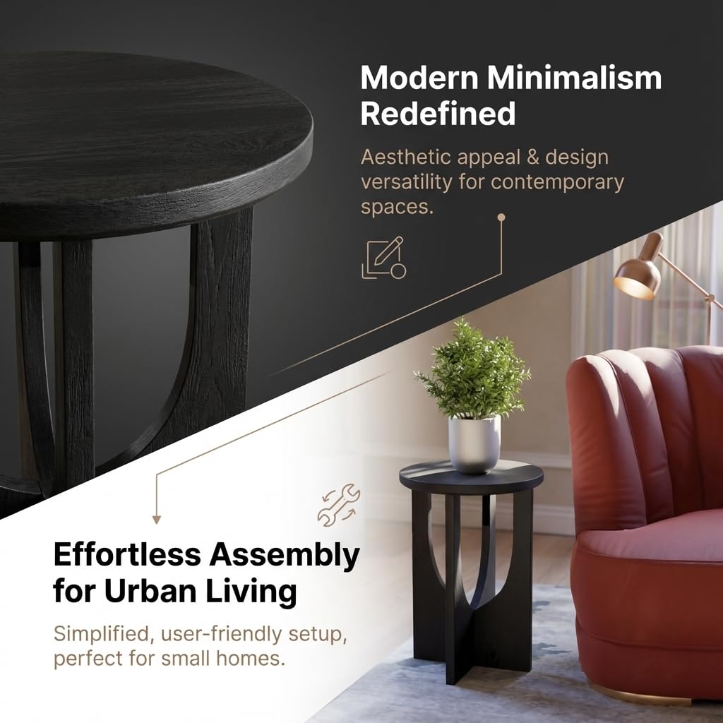 Stupa Solid Wood End Table – 22" Tall Round Side Table for Living Room or Bedroom, Handcrafted Accent Table in Distressed Black Finish, Easy Assembly, Modern Minimalist Design for Small Spaces