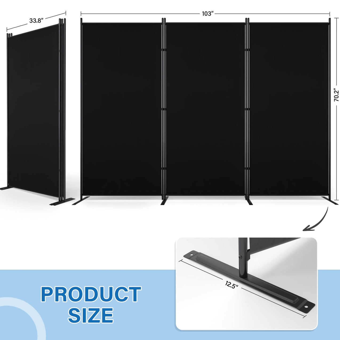 AKTOP Room Divider 3 Panel, Folding Fabric Wall Divider for Room Separation, Portable Room Partitions and Dividers 103"W x 70''H, Freestanding Privacy Screen for Office, Dorm, Studio, Classroom, Black