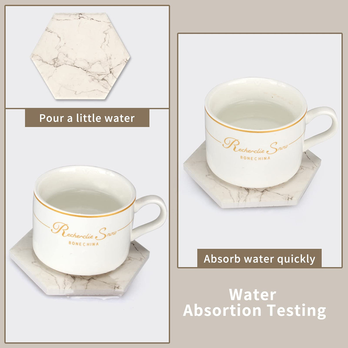 6 Pack Cute Marble Absorbent Stone Coaster Set with Holder Cool Cork Coster Modern White Ceramic Coasters Bar Desk Cup Drink Coasters Funny Coffee Table Decor Kitchen Unique Coster posavasos