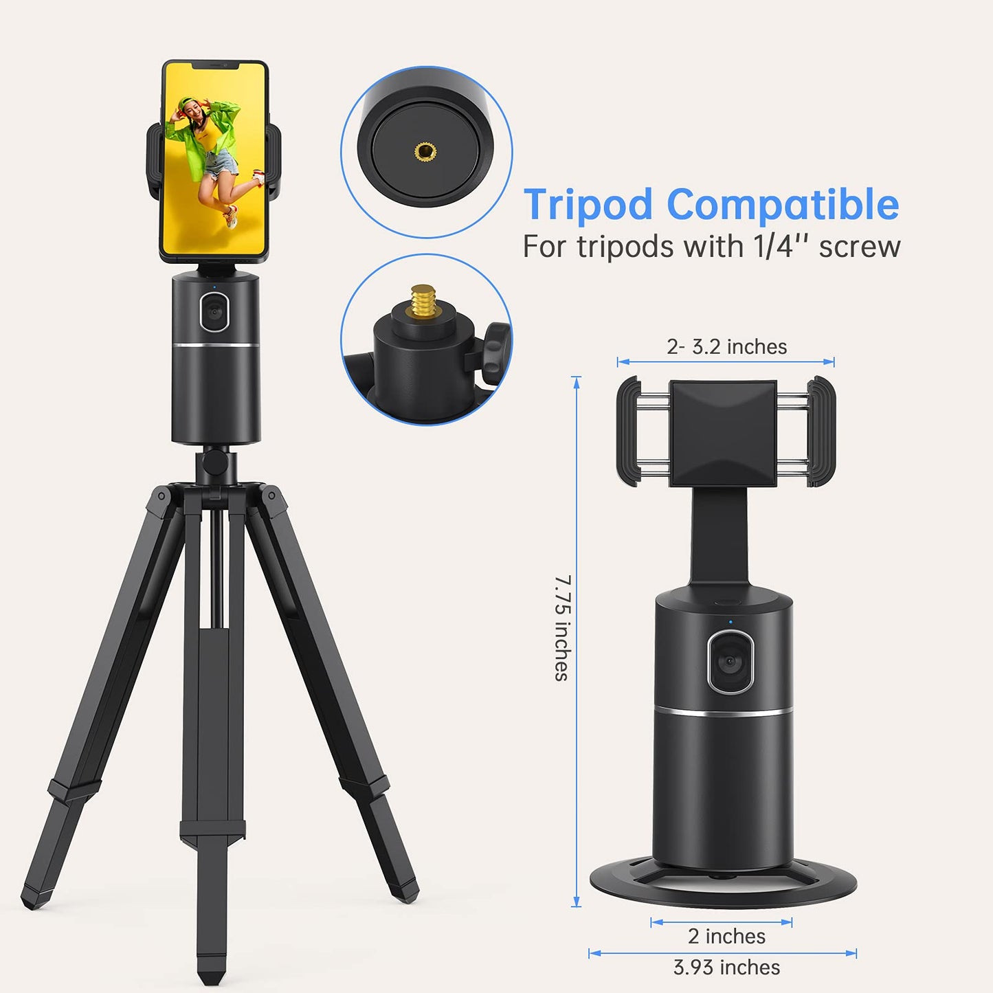 camrola Auto Face Tracking Phone Holder, No App Required, 360° Rotation Face Body Phone Tracking Tripod Smart Shooting Camera Mount for Live Vlog Streaming Video, Rechargeable Battery-Black
