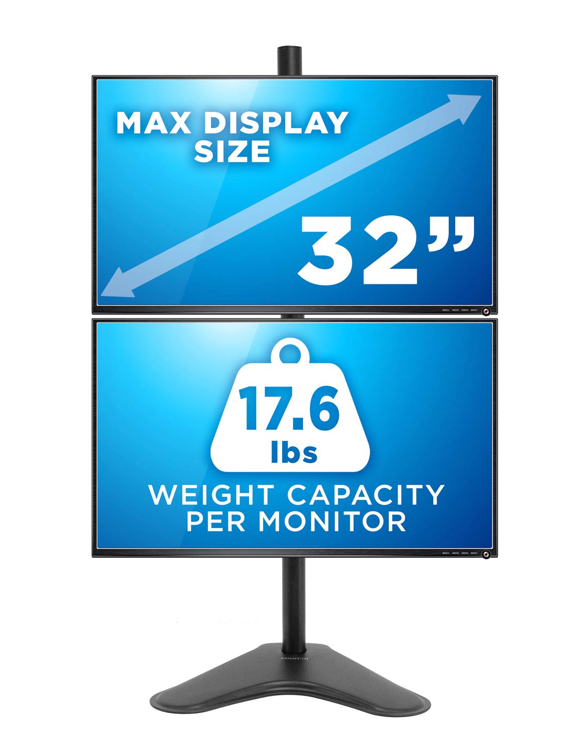 Mount-It! Vertical Dual Monitor Stand, Stacked Desk Mount Fits Two 13–32 Inch Screens up to 17.6 lbs Each, Height Adjustable Free Standing Pole with Tilt Swivel Rotate, Ergonomic VESA Riser, Black