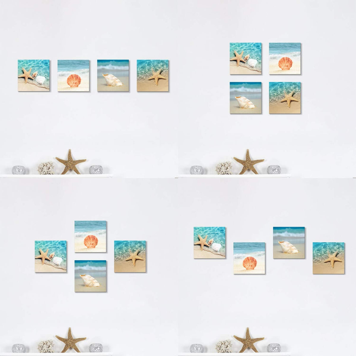 Hardy Gallery Beach Seashell Starfish Wall Art: Blue Ocean Beauties Artwork Print on Wrapped Canvas for Living Room (12''x12''x4pcs)