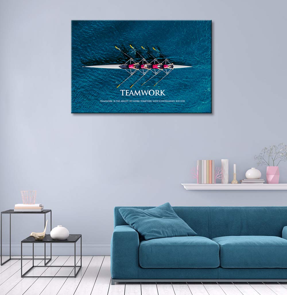 KLVOS Inspirational Success Teamwork Canvas Wall Art Rowing Team on Blue Ocean Framed Motivational Self Positive Office Quotes Picture Gallery Wrap Modern Home Office (24"x36")