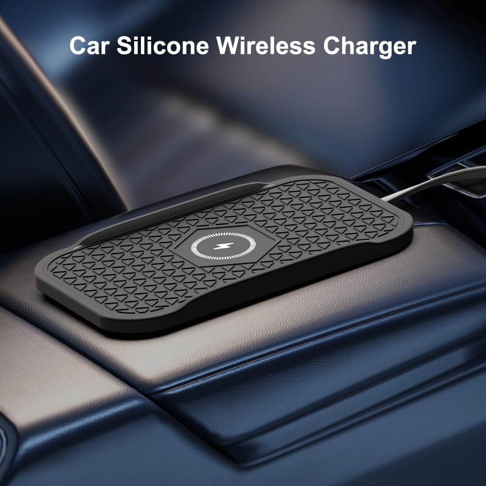 Wireless Car Charger Silicone Pad, for iPhone12/11 Pro/XS/XR/8/8Plus,15W Fast Car Wireless Charging Non-Slip Mat, for Samsung S21/S22/S23/S24/S25/Androids,80cm Cable, Black