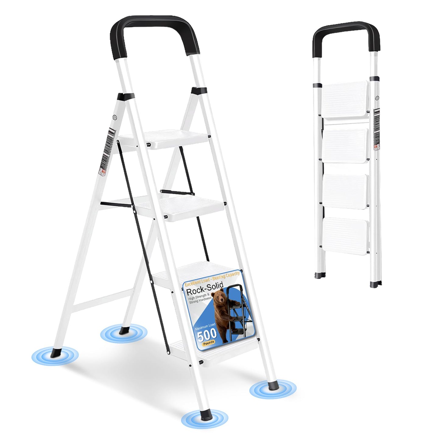 JaxShark 4 Step Ladder Folding Step Stool with Handrail 500LBS Capacity Sturdy Carbon Steel Frame Anti-Slip Pedal & Feet Portable for Home Kitchen Garage Bathroom (white-4step)