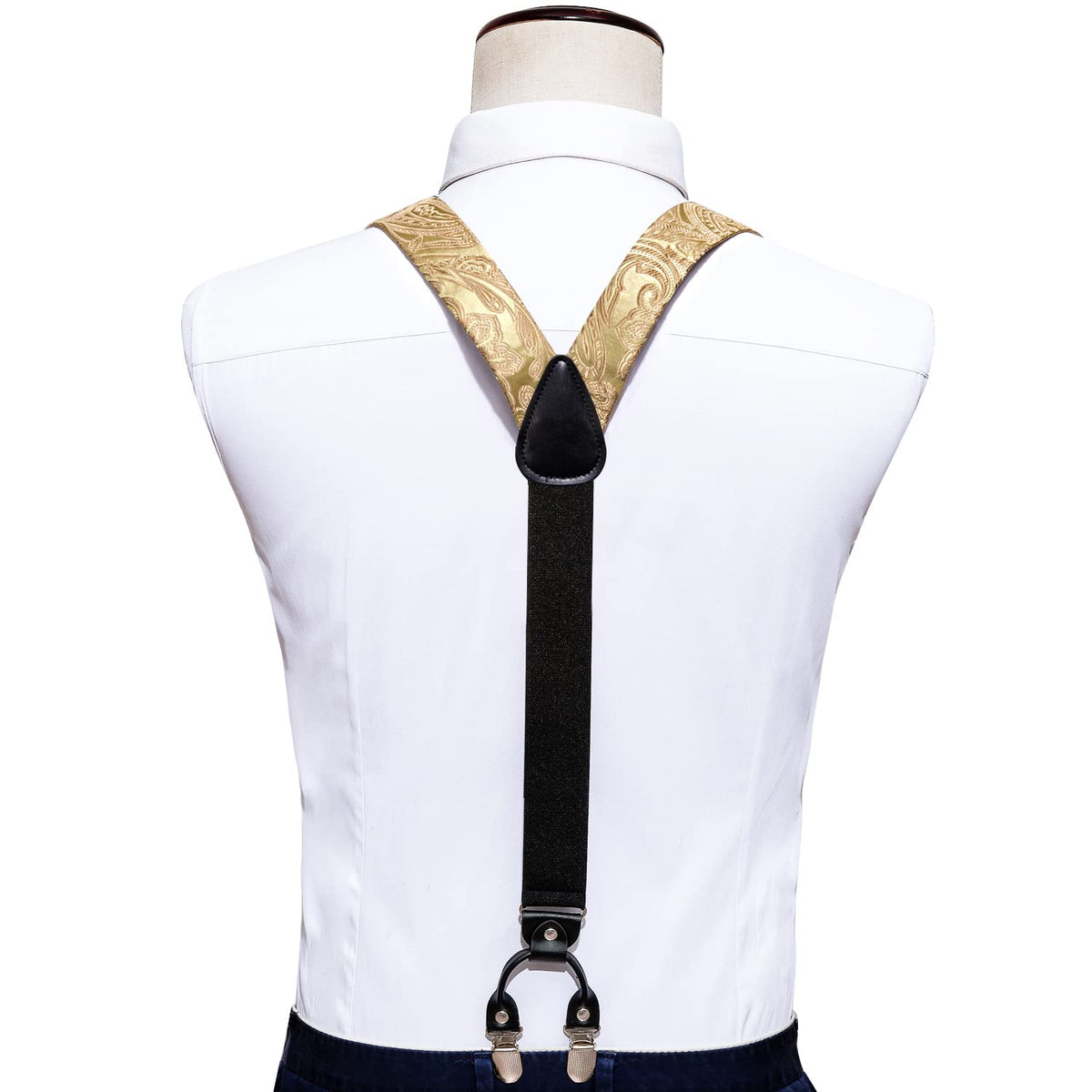 Barry.Wang Suspenders and Bow Tie Set for Men Solid Paisley Bowtie Y Shape Brace Handkerchief Cufflinks 6 Strong Clips