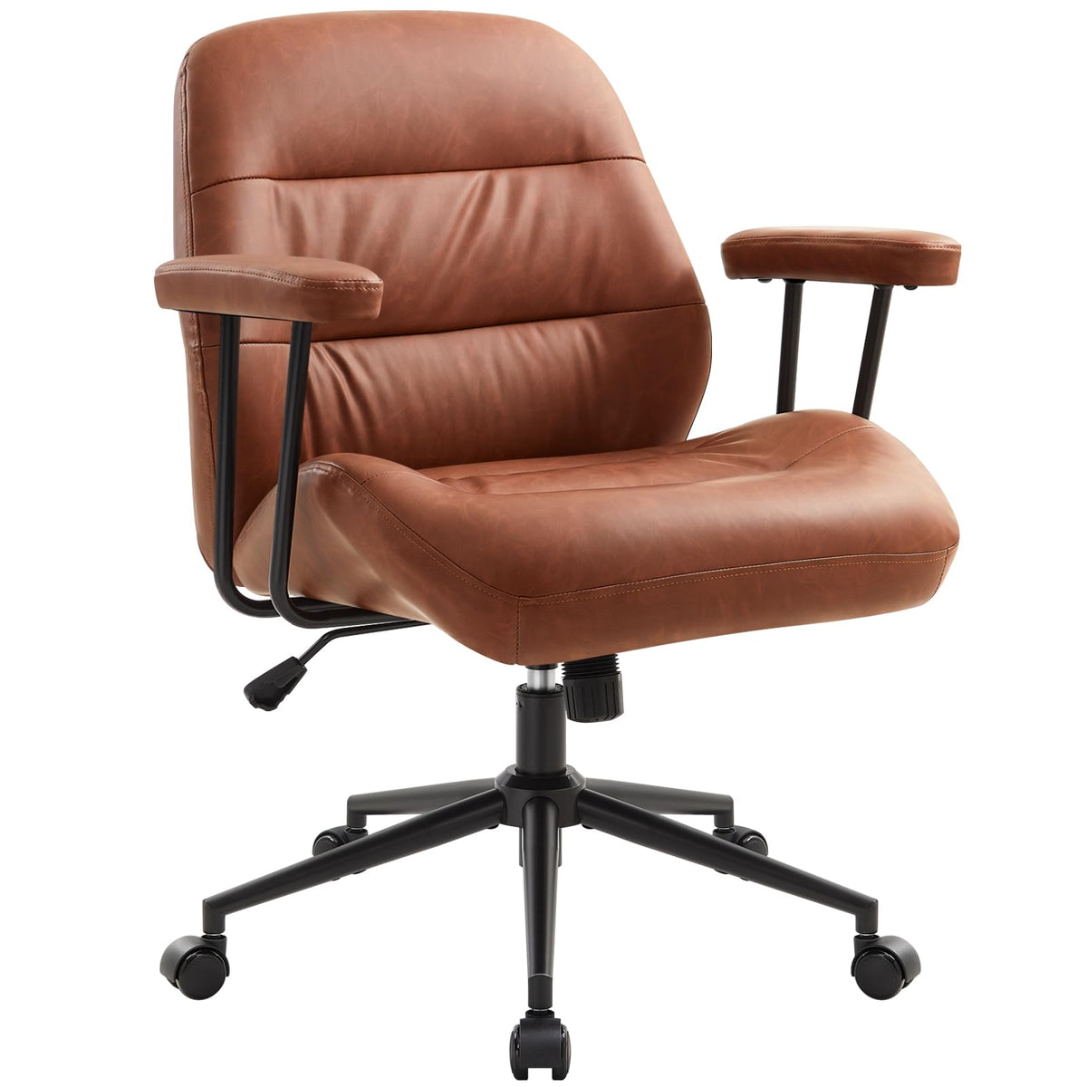IWMH Leather Office Chair with Removable Armrests，Mid-Back Ergonomic Desk Chair with Lumbar Support，Adjustable Height 360° Swivel Executive Task Chairs for Home Office (Brown)