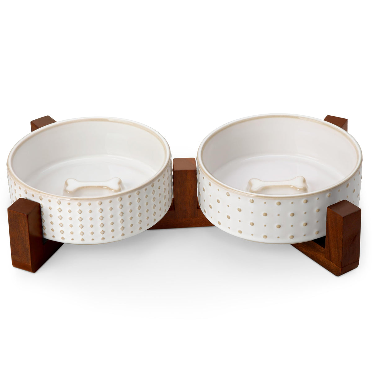 MALACASA Dog Bowl Set with Walnut Wood Stand, 1.5 Cups Ceramic Pet Bowls for Puppy Dogs, Dual Food and Water Bowls with Weighted Non-Slip Base, Basic Bowls for Your Dog or Cat, Rhombic & Polka Dots