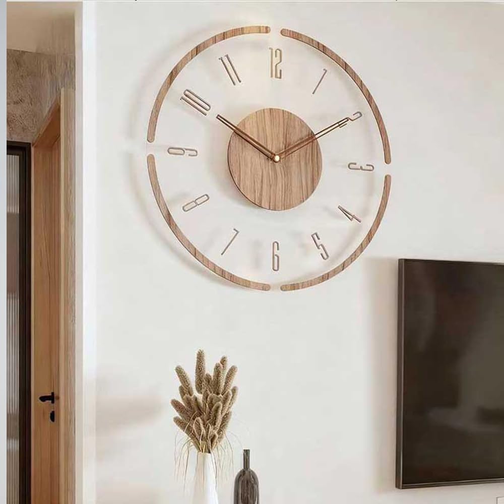 Lucktime Modern Minimalist Wooden Wall Clock - Silent Non-Ticking Battery Operated Wall Clock for Living Room Bedroom Kitchen Office Decor, 12 Inch Large Wall Clock with Sleek Open Frame Design