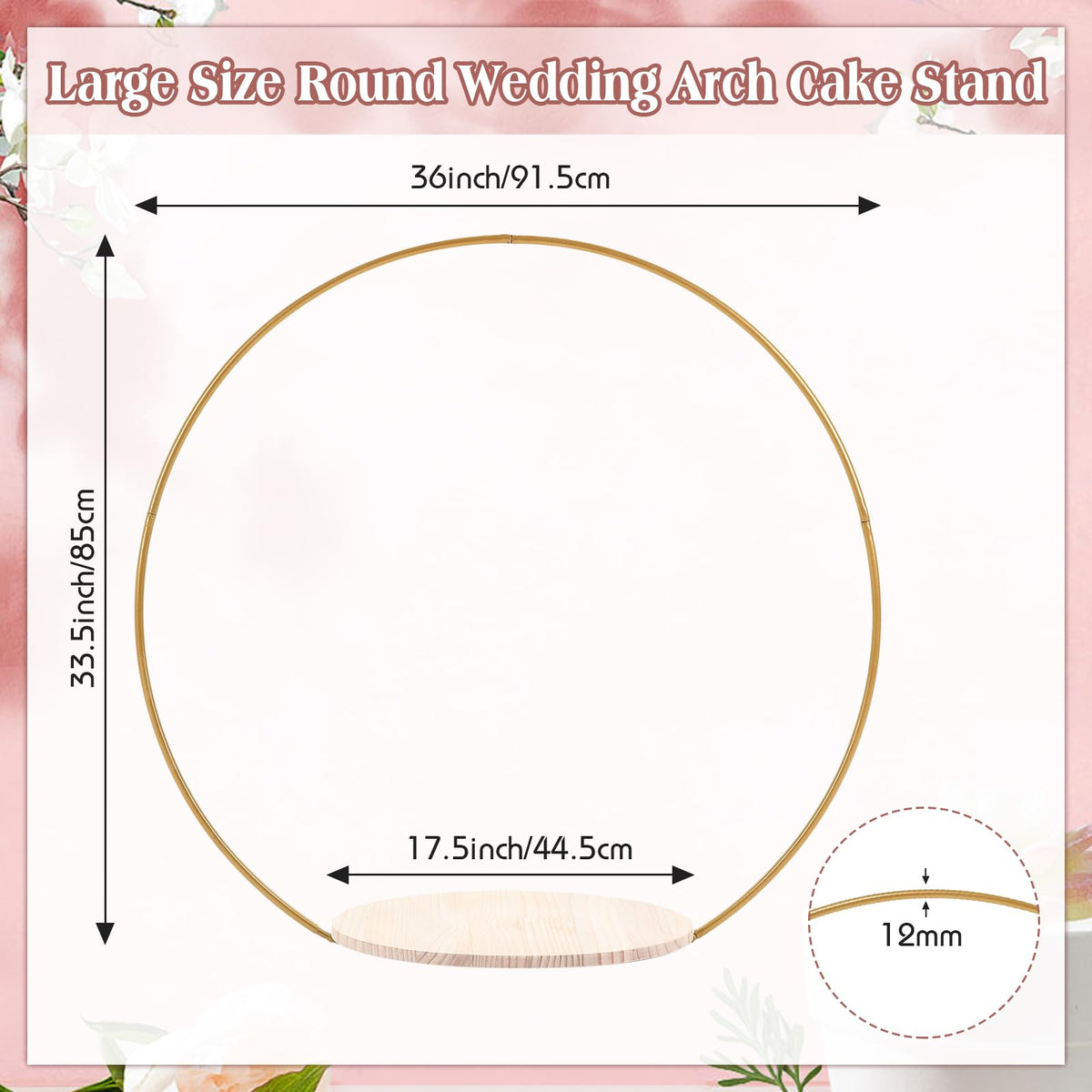 Norme 33.5 Tall Wedding Arch Cake Stand Round Metal Cake Stand for Wedding Reception Hoop Decoration with Wooden Base Floral Decoration Display for Party Events Reception Supplies