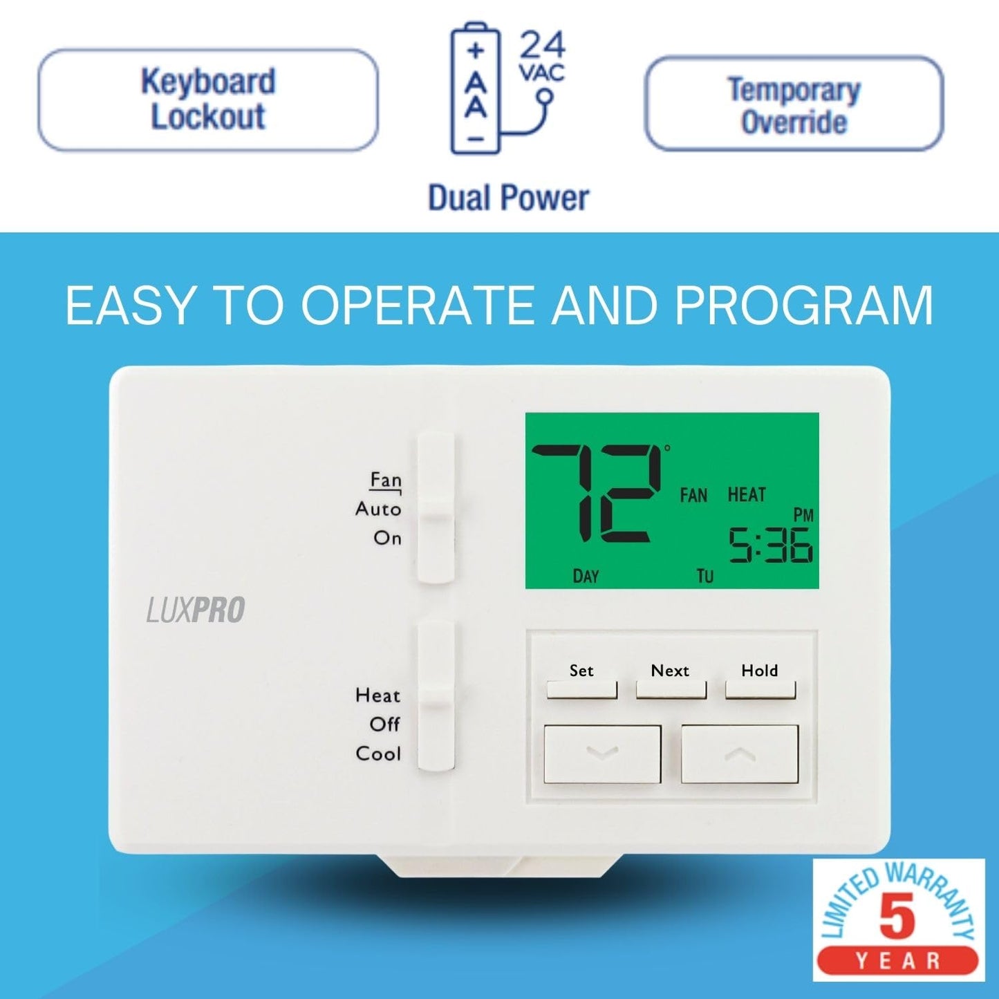 Lux Pro All in One Non Programmable/Programmable Thermostat; 7 and 5/2 Day Settings for Digital Energy Saving; Multi Stage Heating, AC Systems; Easy DIY, P711-Horizontal, 1 Unit, Batteries Included