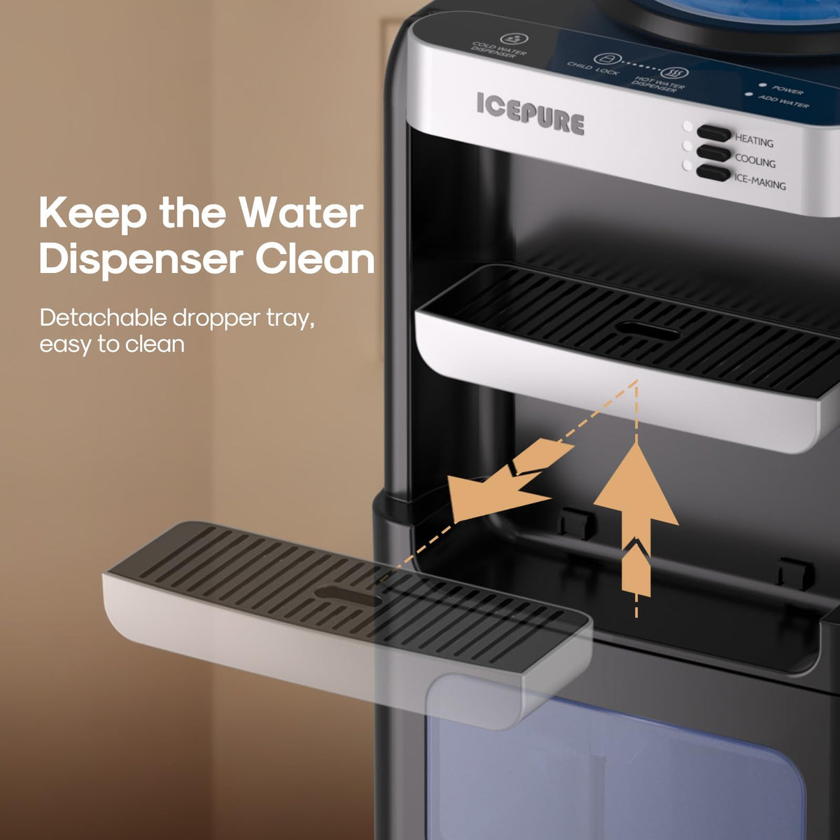 ICEPURE 3-in-1 Water Dispenser with Built-in Ice Maker, Water Cooler Dispenser for 5 Gallon Bottle Top Loading, Hot and Cold Water Dispenser with Child Lock for Home and Office, 33lbs/24H