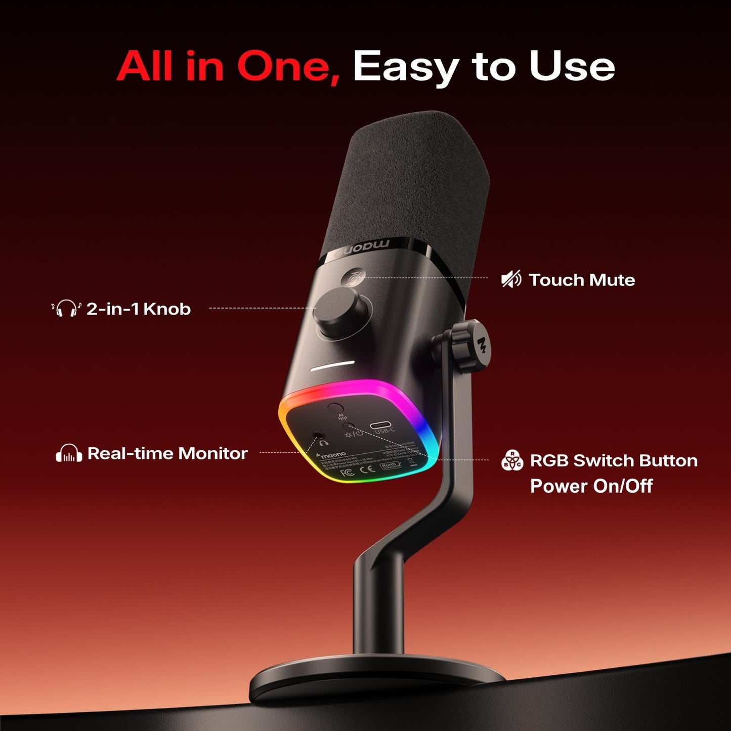 MAONO PD100W USB Wireless Microphone for PC, Gaming Streaming Dynamic Mic with One-Click Noise Reduction,Mute Button,Custom RGB, 3.5mm Headphone Jack, Desktop Podcasting Mic for Computer Phone, Black
