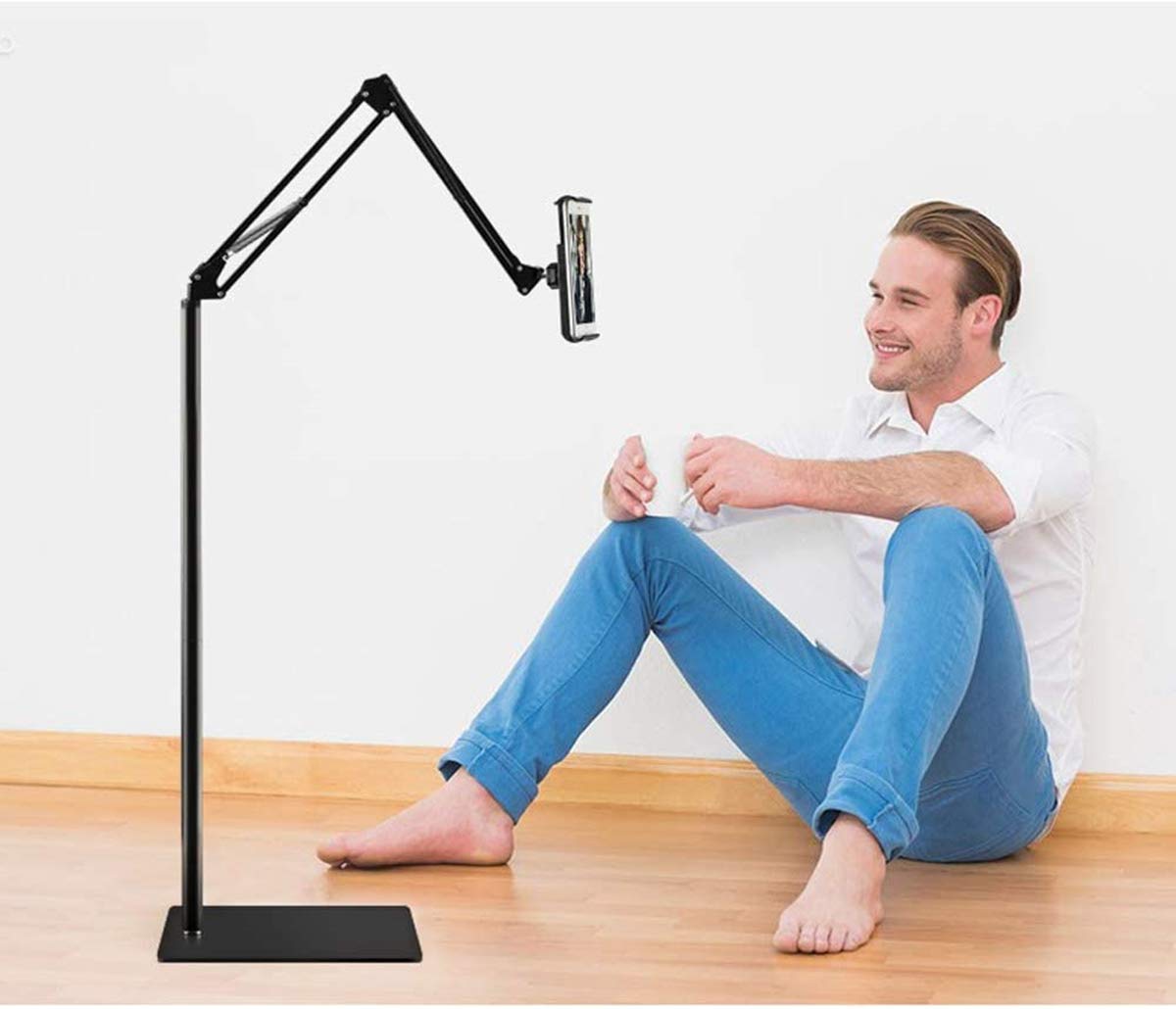 Tablet Floor Stand with 5LB Metal Base, Overhead Bed Phone Stand Angle Height Adjustable Holder, Universal Floor Stand Compatible with iPhone iPad Pro Air Mini, Samsung Tab, Kindle, E-Readers…