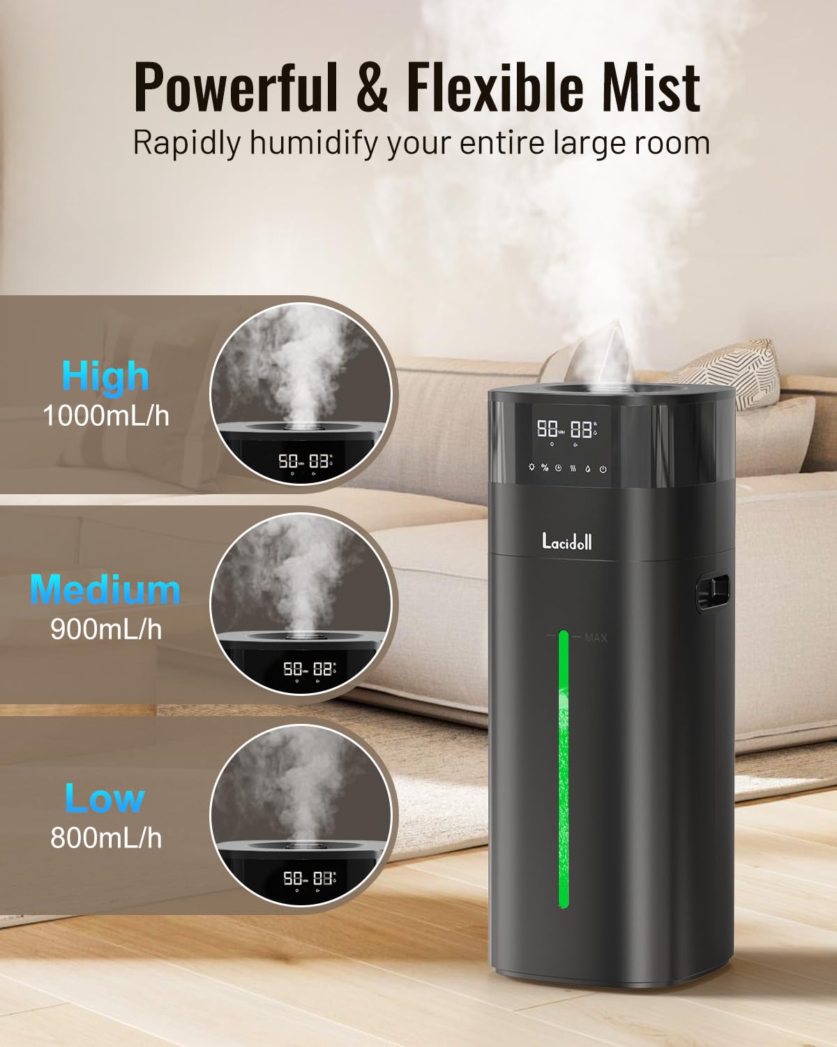Lacidoll Humidifier Large Room, 5.3Gal/20L Humidifiers for Home 2500 sq ft, Cool Mist Whole House Humidifiers with Diffuser Extended Tube, Top Fill Air Humidifier for Bedroom Nursery Baby Plants Black