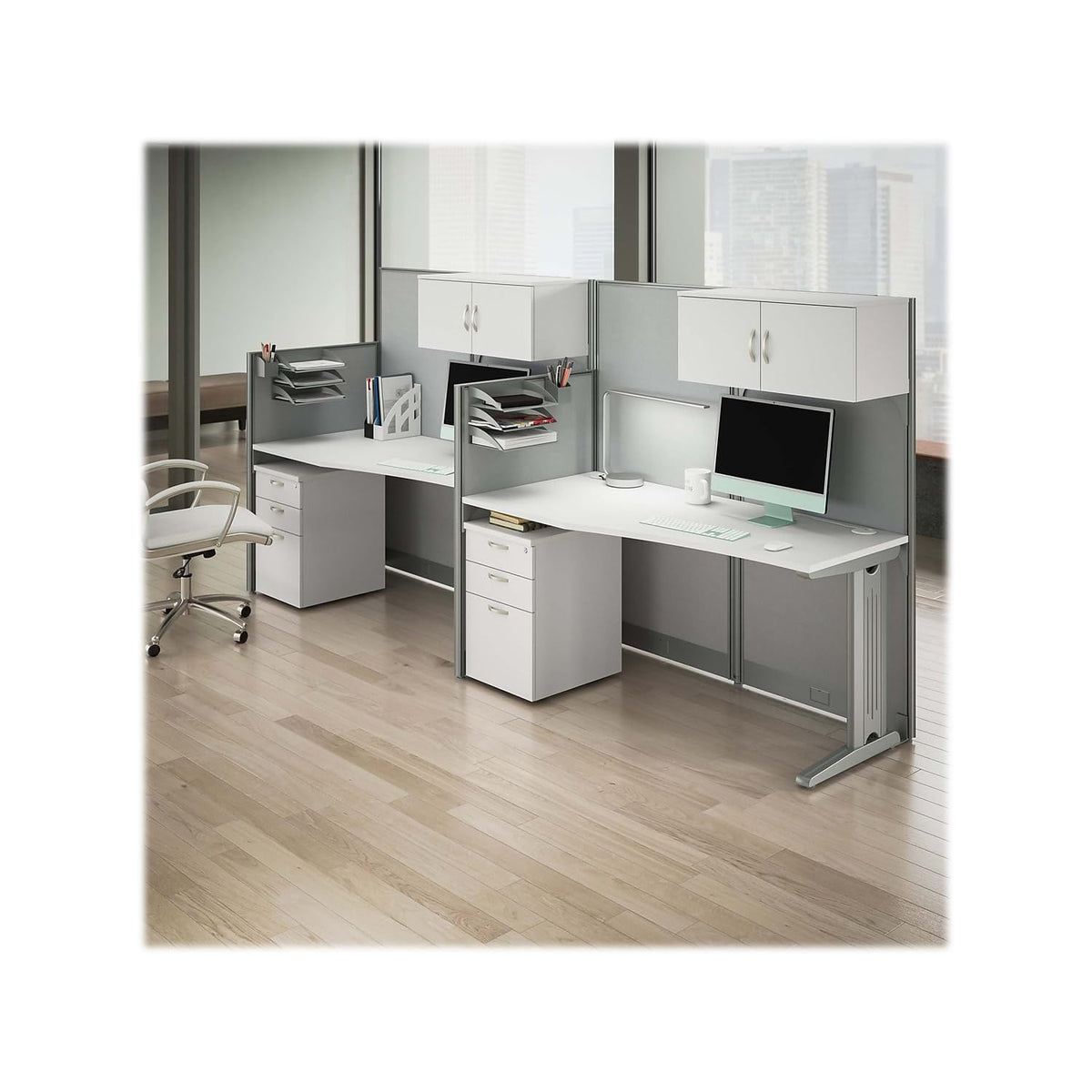 Bush Business Furniture Office in an Hour 65W Straight Cubicle Desk with Storage, Drawers, and Organizers in Pure White | Modern Computer Table Set with Privacy Panels for Commercial Workspace