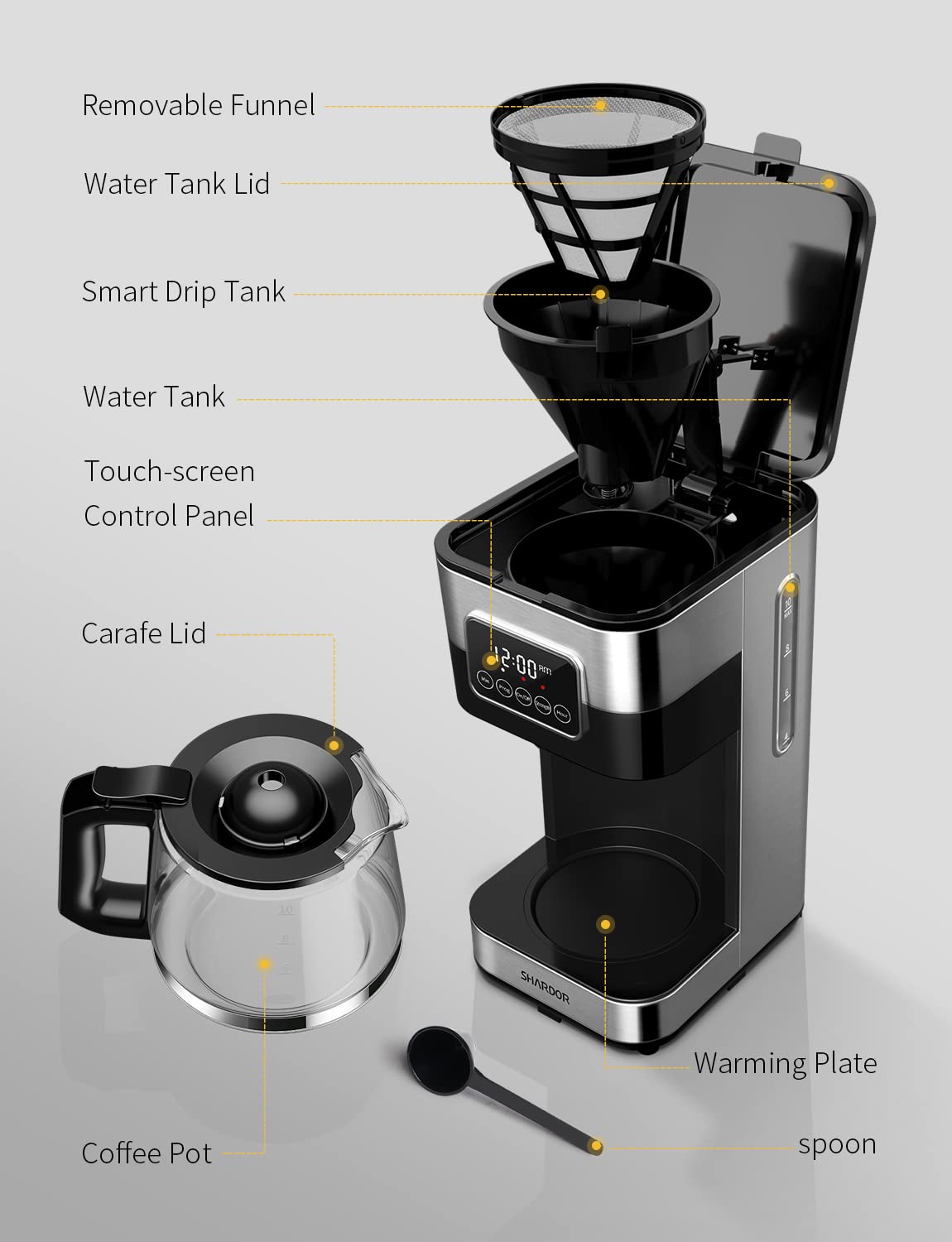 SHARDOR 10-Cup Programmable Coffee Maker, Regular & Strong Brew Drip Coffee Machine for Home and Office, Auto Shut Off, Permanent Filter, Silver