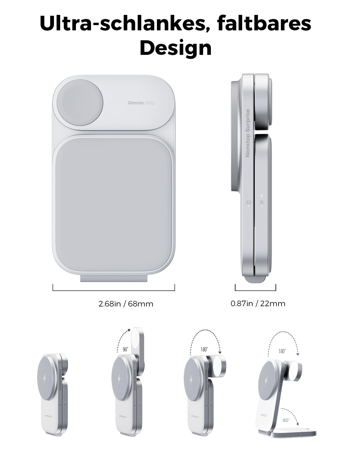 AMEGAT MagFusion Z 3-in-1 Charging Station Compatible with MagSafe, 15W Wireless Charger Foldable Qi2 Certified, Magnetic Charger for iPhone 17/16/15/14/13/12, AirPods 4/3/2/Pro, Apple Watch, Silver