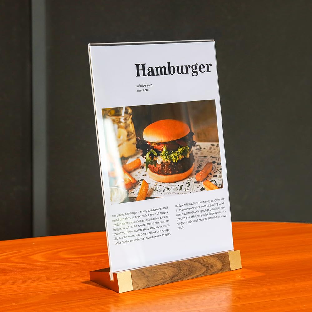 LIANHELILAI Acrylic Sign Holder 8.5 x 11 Inch with Wood-Color Base, Stable Tabletop Display Frame for Menu Flyer Photo, Clear Vertical Stand for Restaurant/Hotel/Office/ Exhibition – Easy Use, 2 Pack