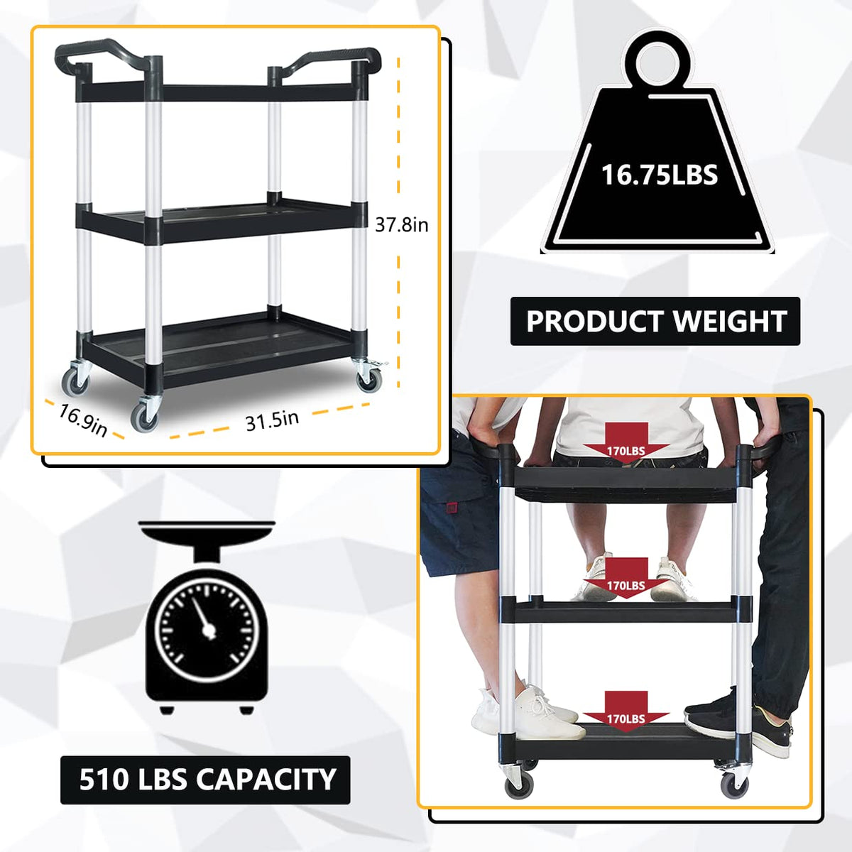 PELOEMNS Plastic Utility Carts with Wheels, Heavy Duty 510lbs Capacity Rolling Service Cart, 3-Tier Restaurant Food Cart with Hammer for Office, Warehouse, Garage (Lockable Wheels, Black)