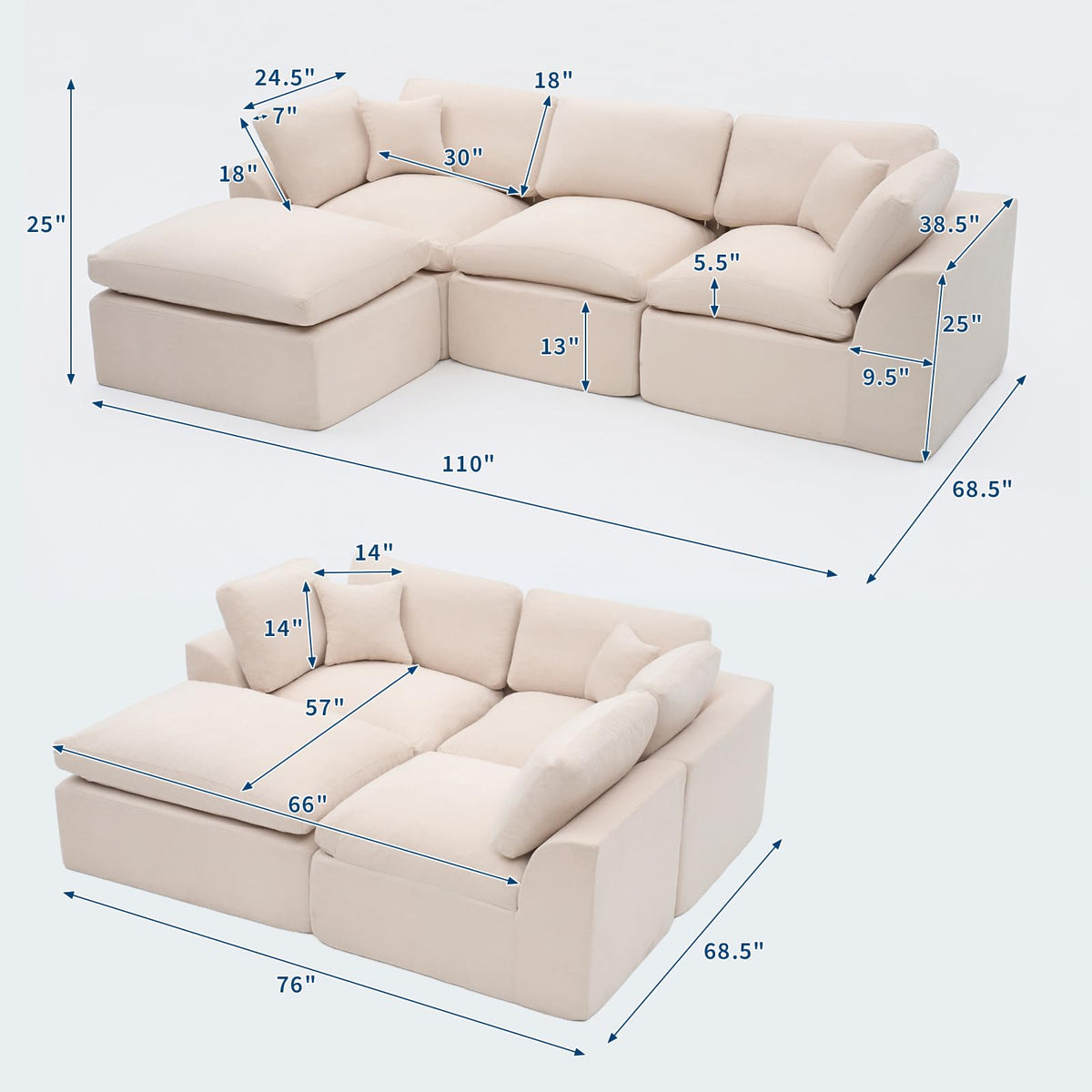 Garvee Modular Sectional Sofa, 110'' Sponge Compression Sofas with Deep Seat, Sectional Couches for Living Room and Bedroom, No Assembly Required, White