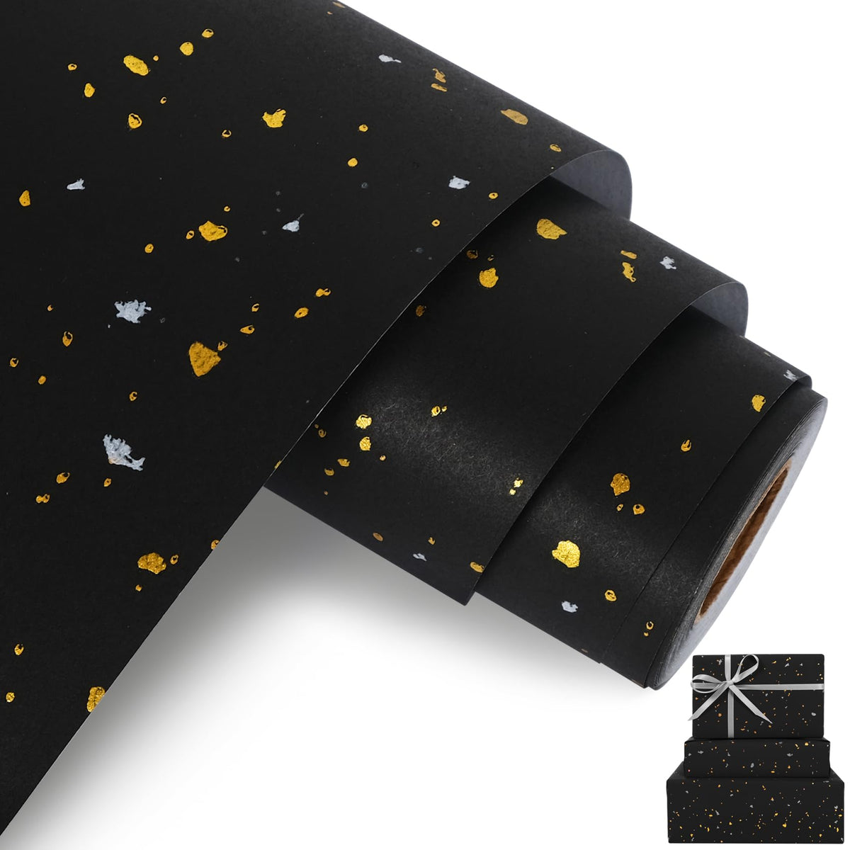 Aimyoo Black Wrapping Paper Roll - Mini Roll - 17 Inch x 60 Feet - Black with Gold Flakes Foil Design for Christmas, Wedding, Birthday,Holiday,Celebrations
