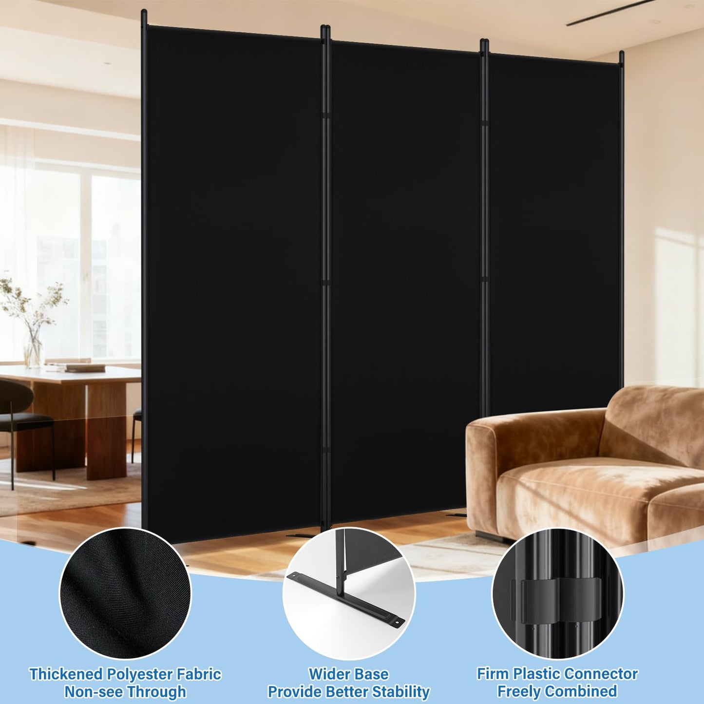 AKTOP Room Divider 3 Panel, Folding Fabric Wall Divider for Room Separation, Portable Room Partitions and Dividers 103"W x 70''H, Freestanding Privacy Screen for Office, Dorm, Studio, Classroom, Black