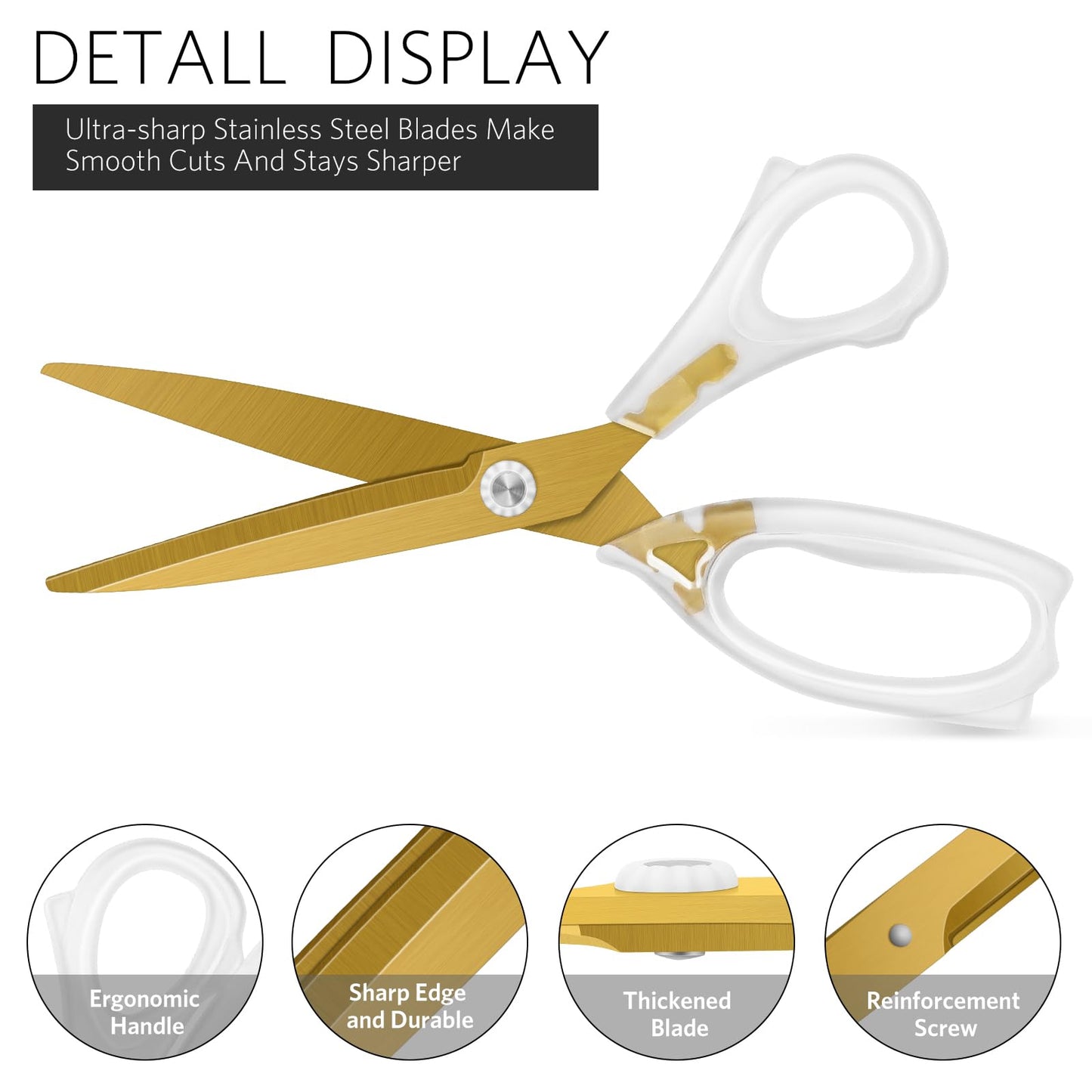 Uaugulft Acrylic Scissors, Ultra-Sharp Titanium Coated Blades and Ergonomic Clear Handle, Clear Gold Sscissors for Office Desk, Modern Design for Craft, Sewing, Office & Home, Set of 4, Gold