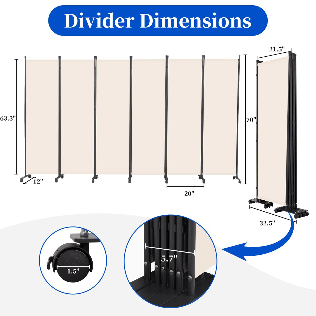 Room Divider 6FT Room Partition with Lockable Wheels, (Thicked Metal Base) Room Dividers, Freestanding Indoor Folding Privacy Screens, Portable Fabric Wall Divider for (Beige, 132"- 6 Panel)