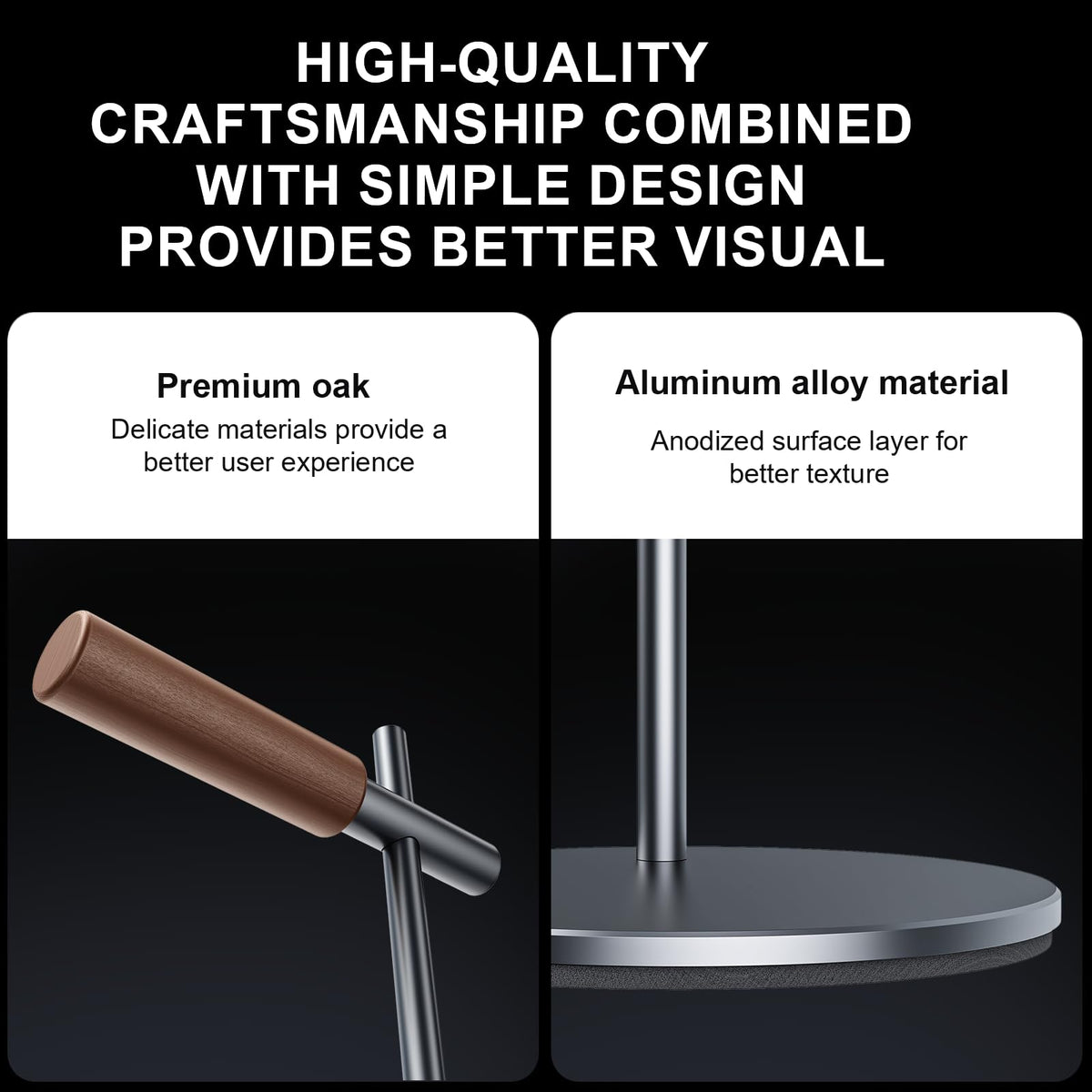 QzheMuw Oak Headphone Stand, Wood Headset Stand for Desk, Universal Holder for Airpods max, Bose, Beats, Gaming, Apple Vision Pro, VR Display Stand (Gray)