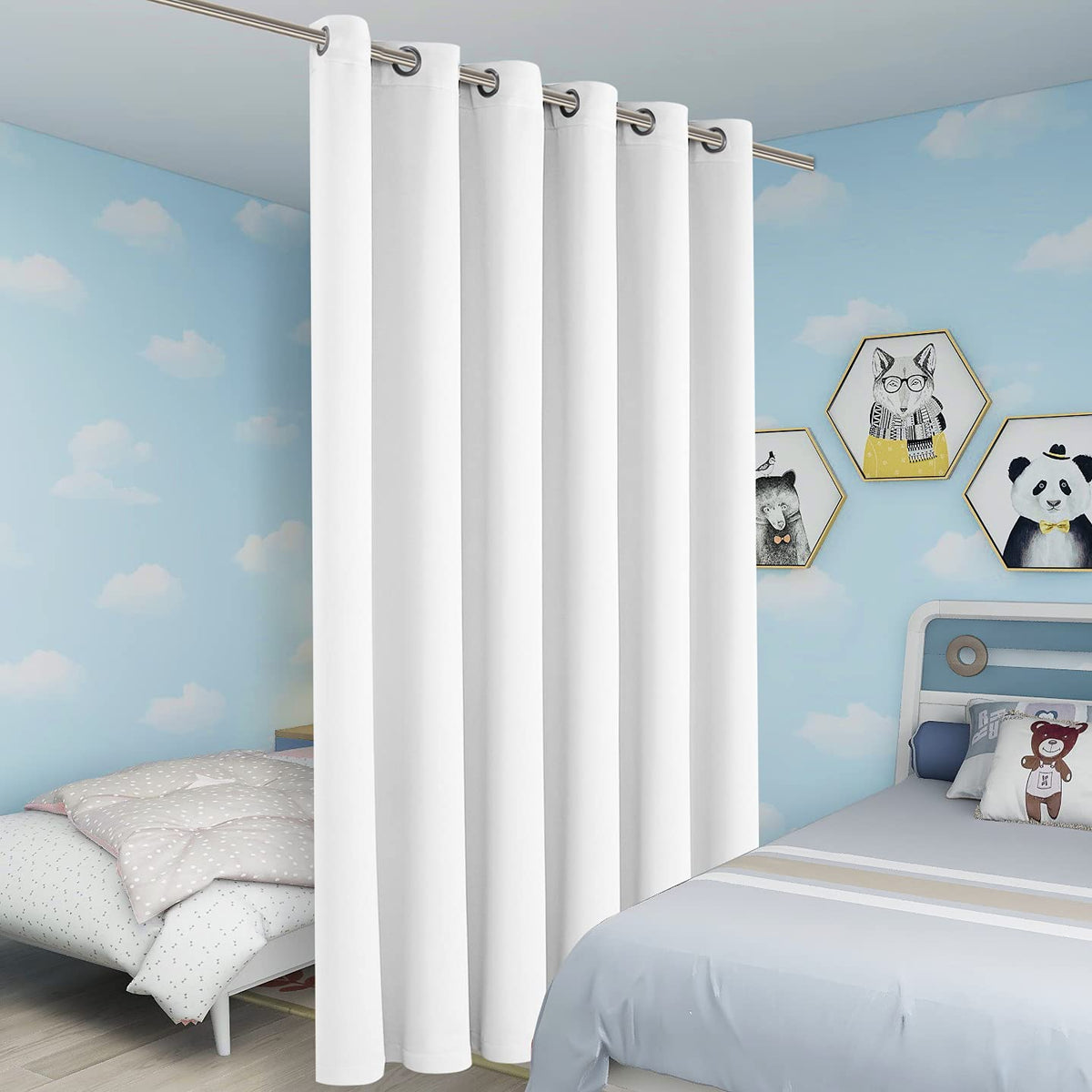 BONZER Room Divider Curtain Screen Partitions Light Reducing Wall Wide Blackout Curtains for Shared Room, 96L x 70W Inch (8L x 5.8W ft), 1 Panel, Greyish White