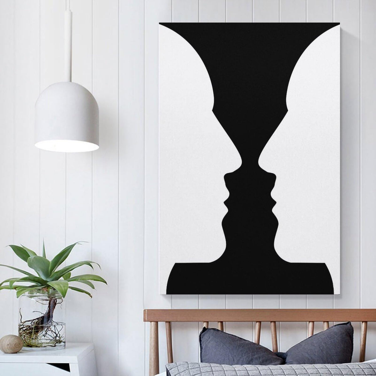 Optical Illusion Vase Faces Canvas Printing Wall Art Prints Posters Black And White Minimalist Scandinavian Wall Decor for Living Room Bedroom Office Study Classroom Modern Home 12x18inch(30x45cm)
