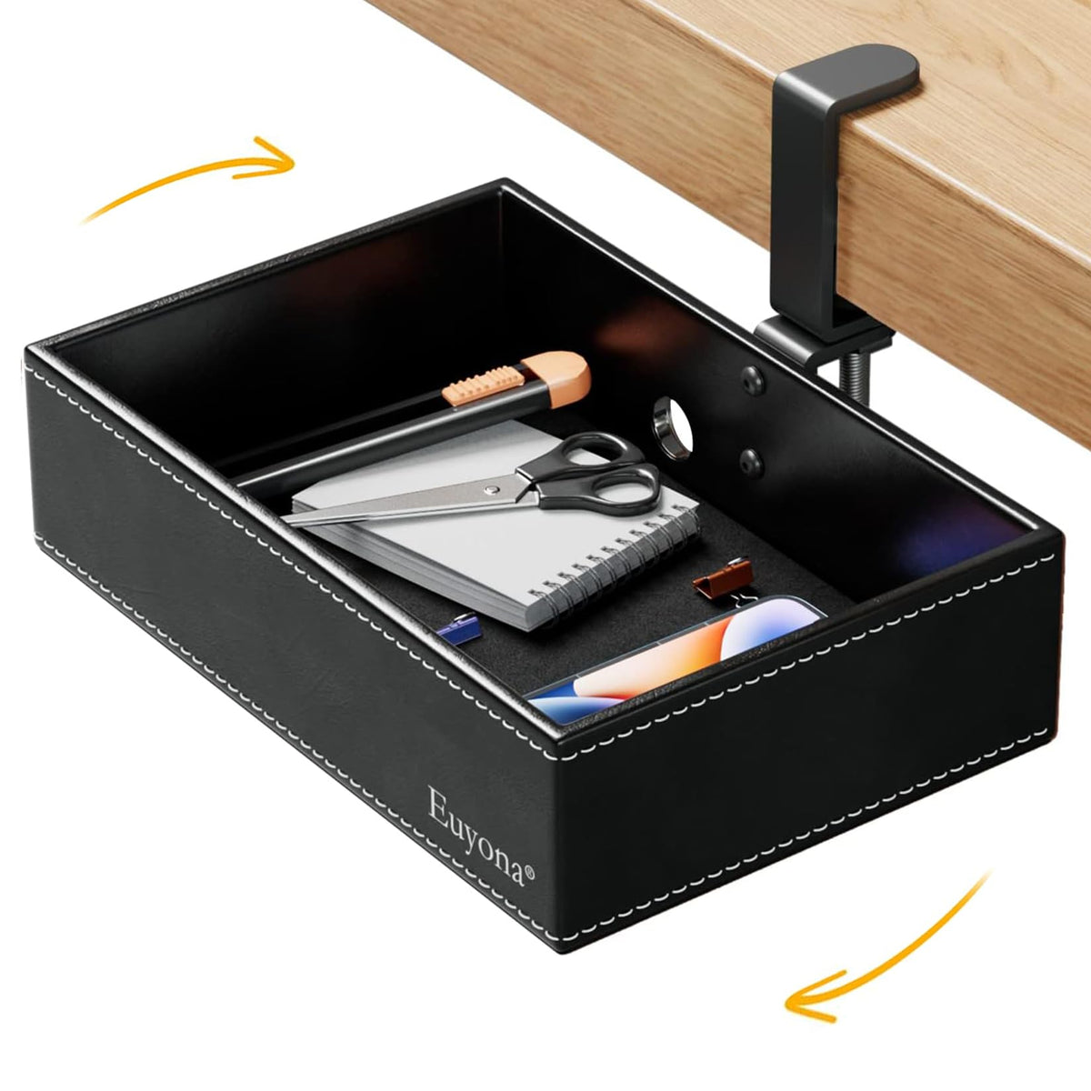 Euyona PU Leather Under Desk Organizer with 360° Rotating Clamp – for Computer Accessories, Stationery, Remote Control & Phone Storage, Black
