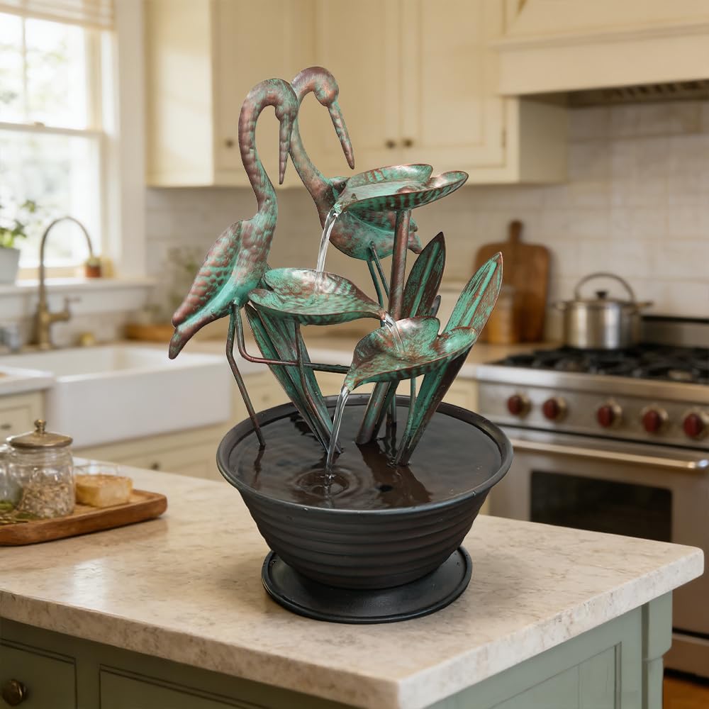 YEAHOME Tabletop Water Fountain with Standing Metal Crane for Home Decor, 3-Tier Lotus Leaf Indoor Zen Waterfall Fountains for Apartment, Living Room, Housewarming Gifts