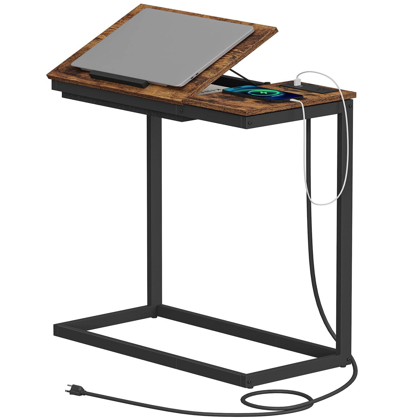 TUTOTAK C Shaped End Table with Charging Station, Tilting Laptop Stand Side Table, Under Couch Table for Living Room Bedroom, Brown TB01BB090