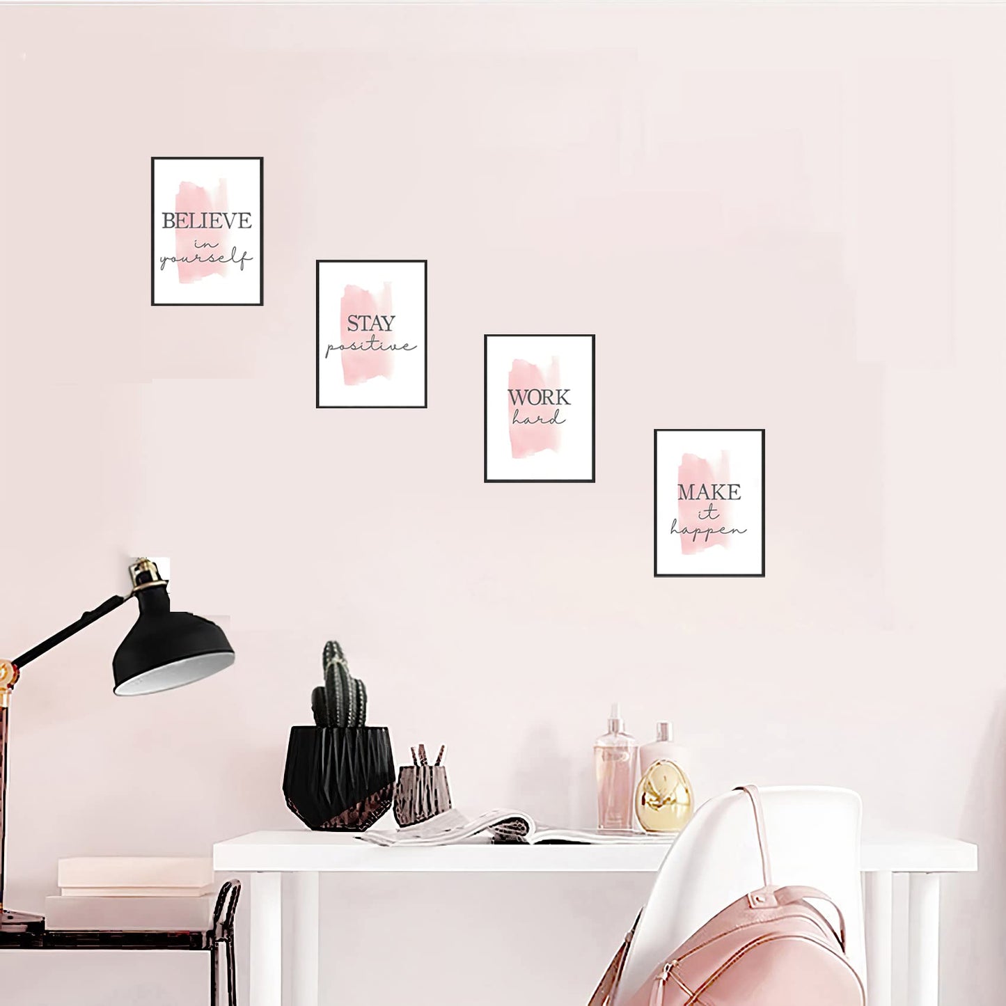 4 pcs Frame Wall Art Stay Positive Make It Happen Motivational Inspirational Quote Pink Canvas Painting Poster Pictures for Teenage Girl Bedroom Decor Office