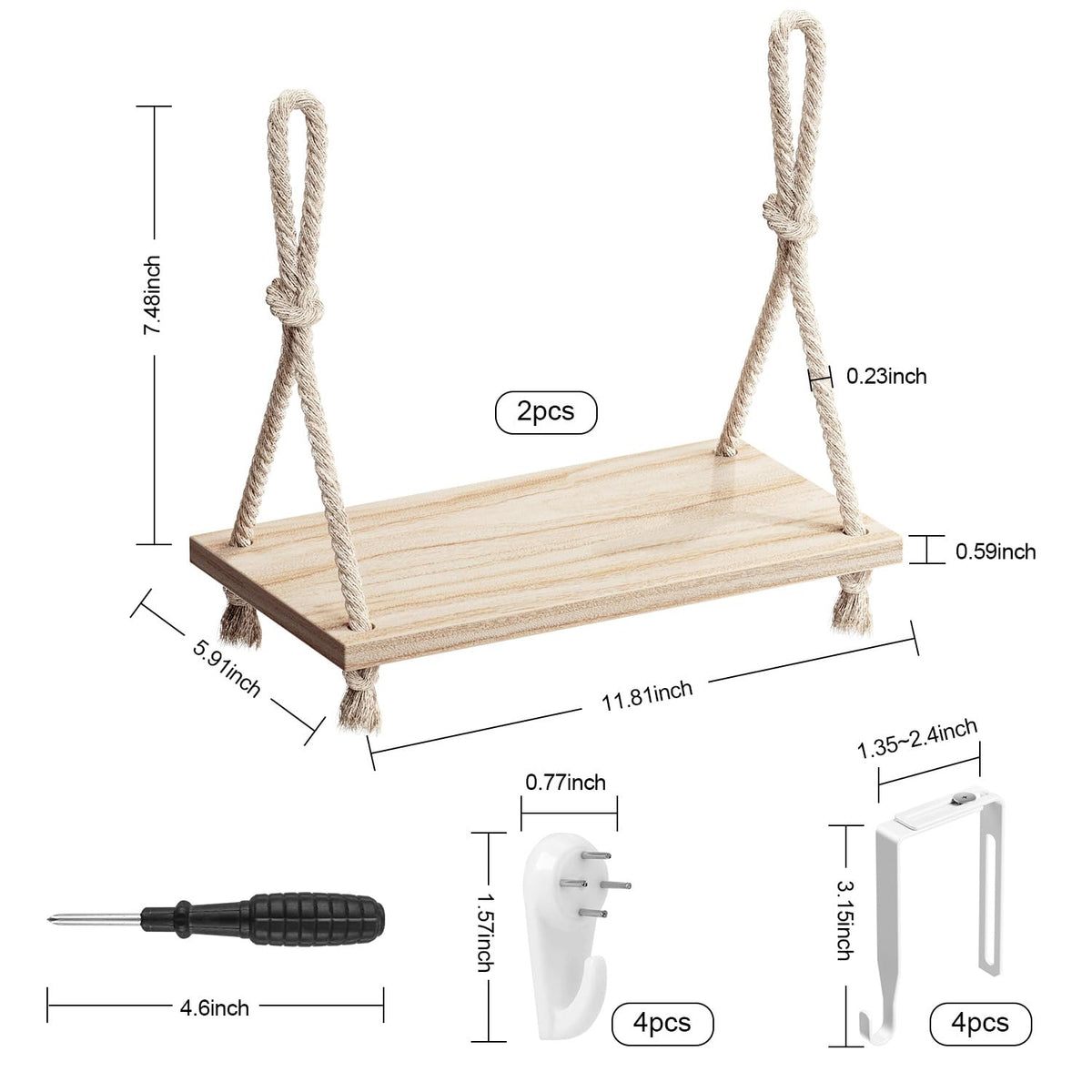 2 Pack Fabric Wall Cubicle Shelf, 11.8" Wooden Hanging Cubicle Shelf Organizer with Hooks, Dual Mounting Options, Cotton Rope Storage Shelf, No-Drill Boho Style for Office Cubicles & Desk Decor
